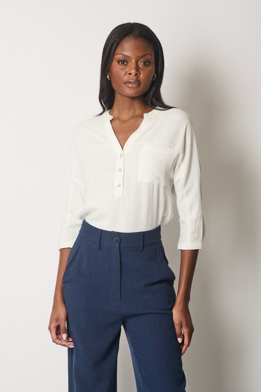 Linen Blend Buttoned Blouse - White