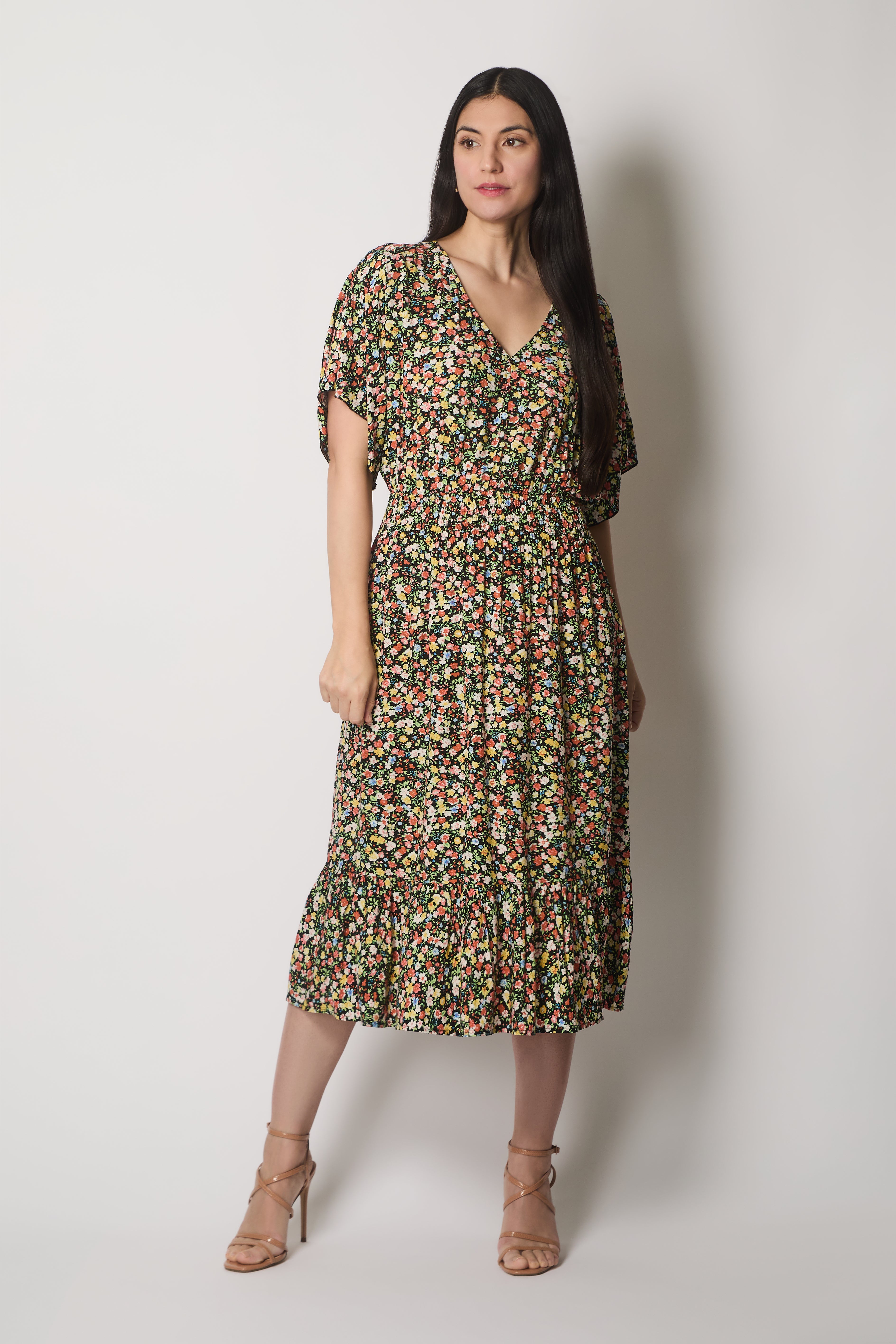 Floral Print Midi Dress with Flutter Sleeves - Black