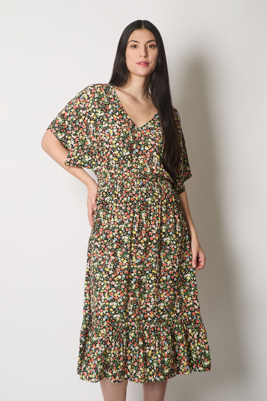 Floral Print Midi Dress with Flutter Sleeves - Black
