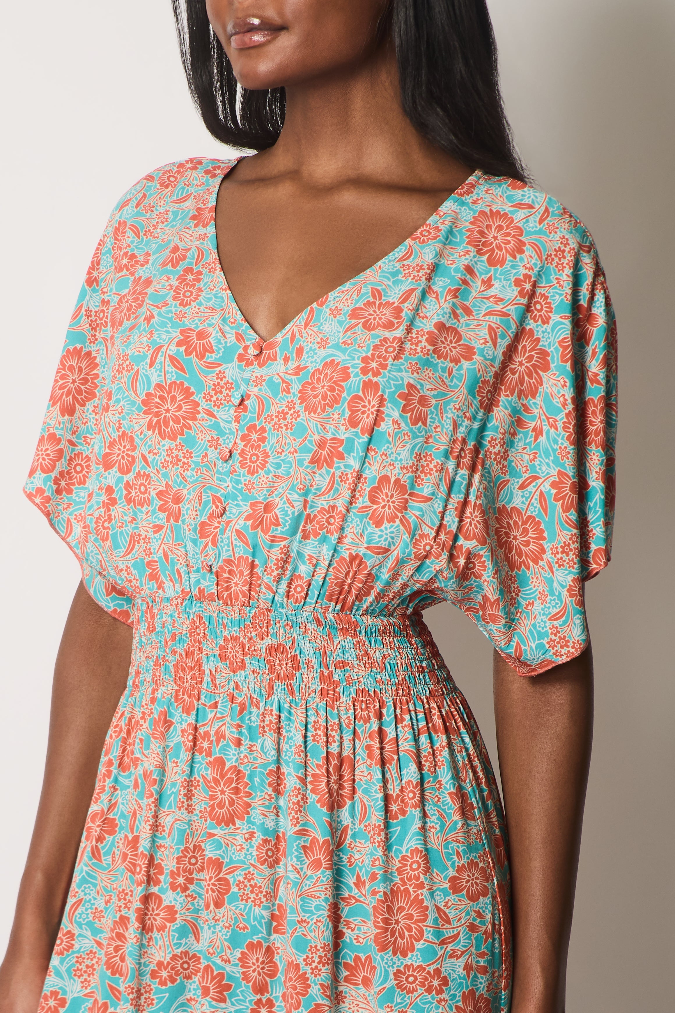Floral Print Midi Dress with Flutter Sleeves - Orange