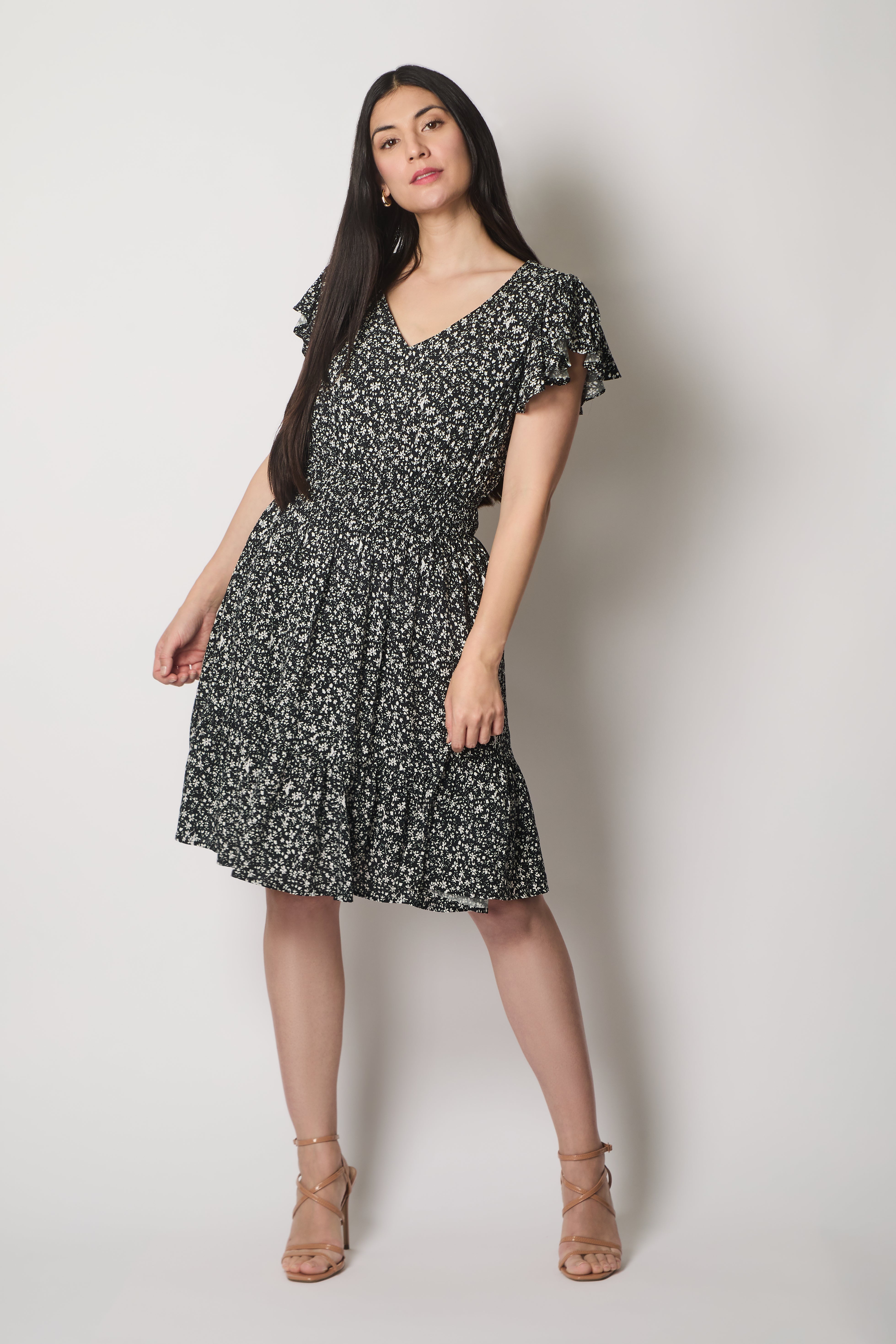 Floral Flutter Sleeve Dress with Smocked Waist - Black