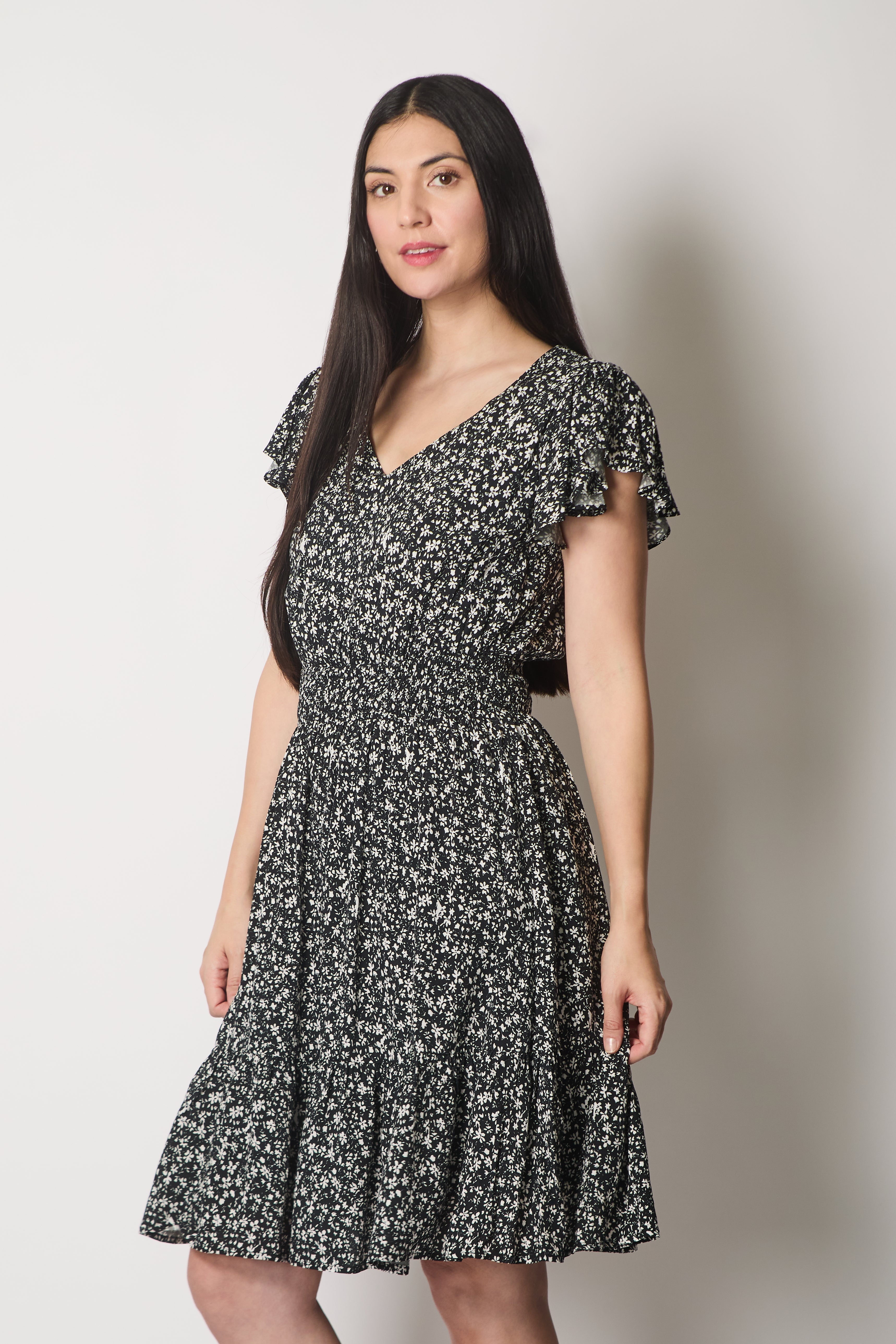 Floral Flutter Sleeve Dress with Smocked Waist - Black