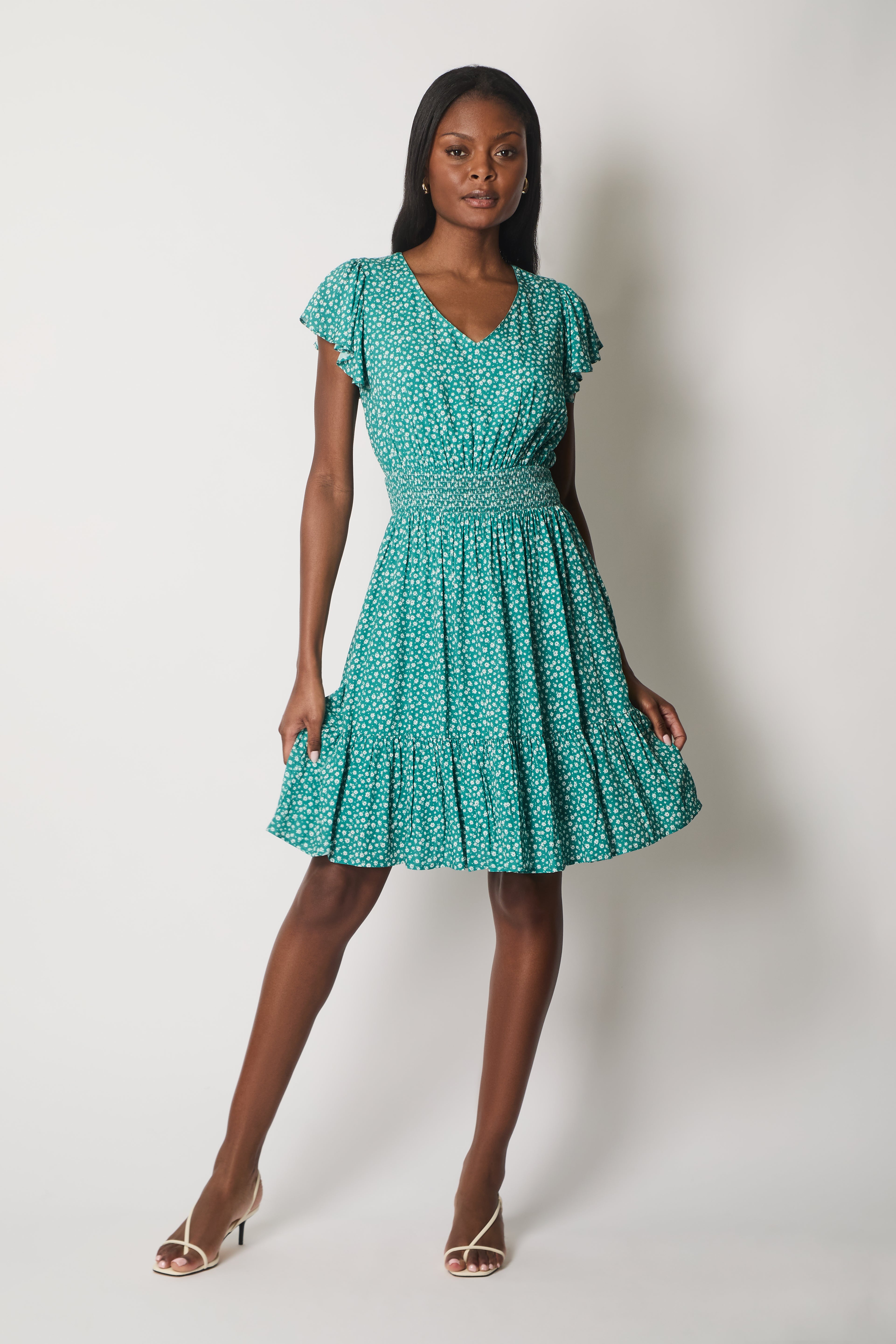 Floral Flutter Sleeve Dress with Smocked Waist - Green