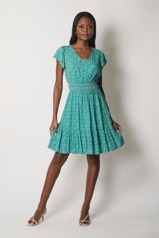 Floral Flutter Sleeve Dress with Smocked Waist - Green