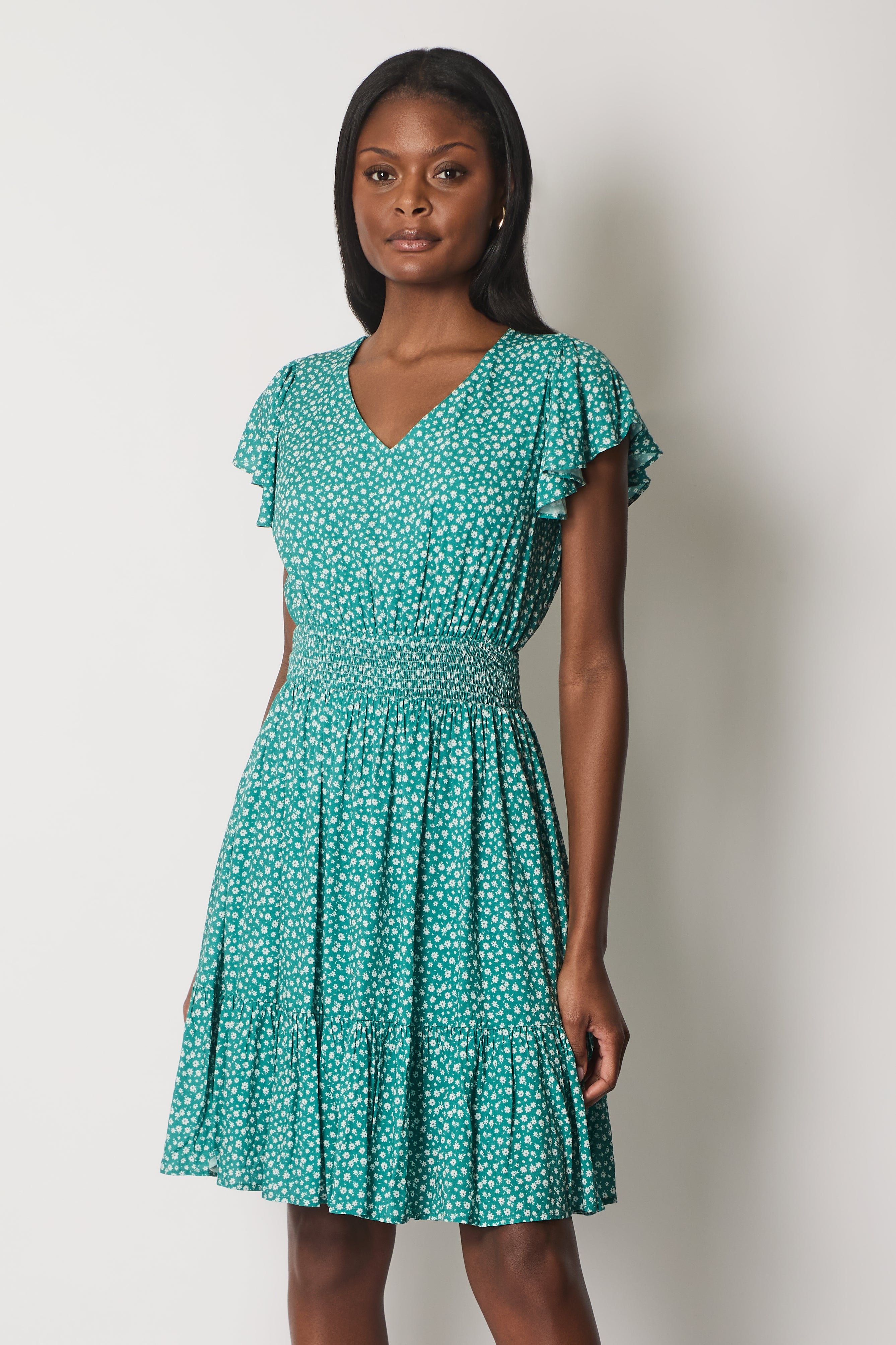 Floral Flutter Sleeve Dress with Smocked Waist - Green