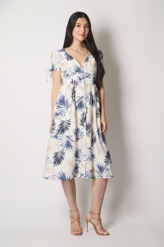 Leaf Print Midi Dress with Tie Sleeves - Navy