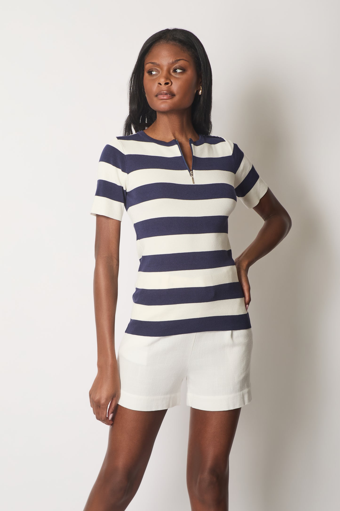Striped Zip-Neck Top - Navy