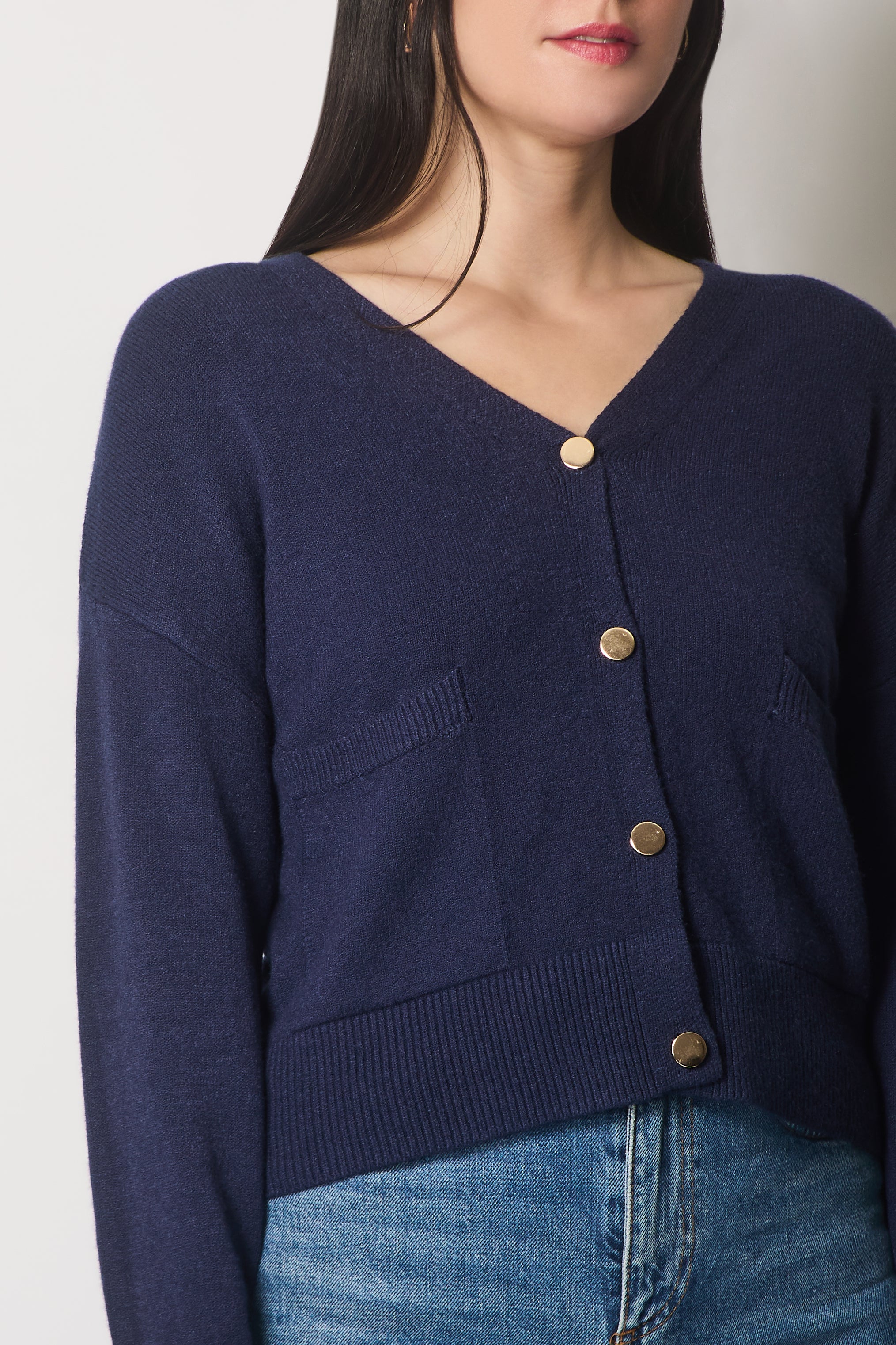 V-Neck Buttoned Cardigan with Pockets - Navy