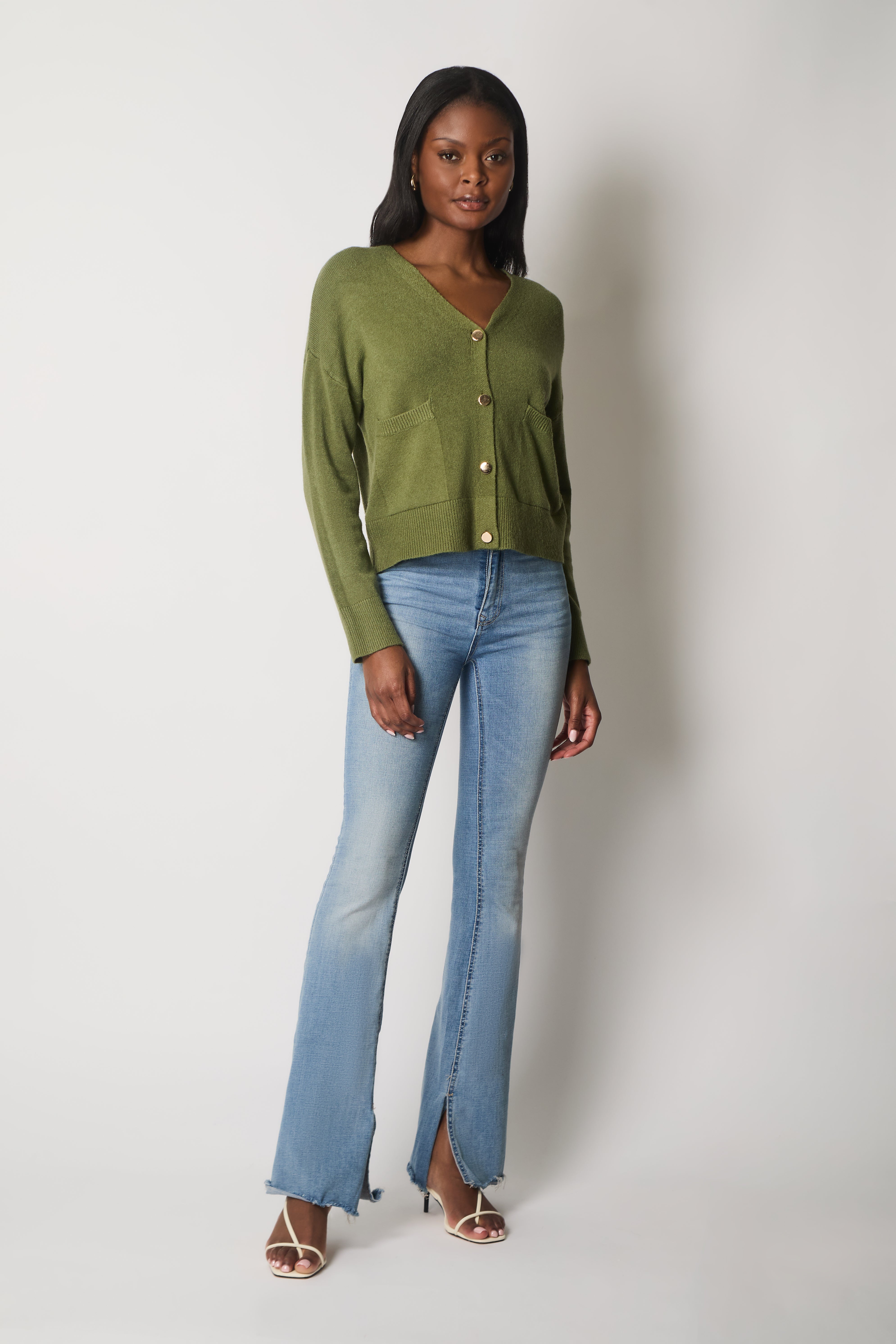 V-Neck Buttoned Cardigan with Pockets - Khaki