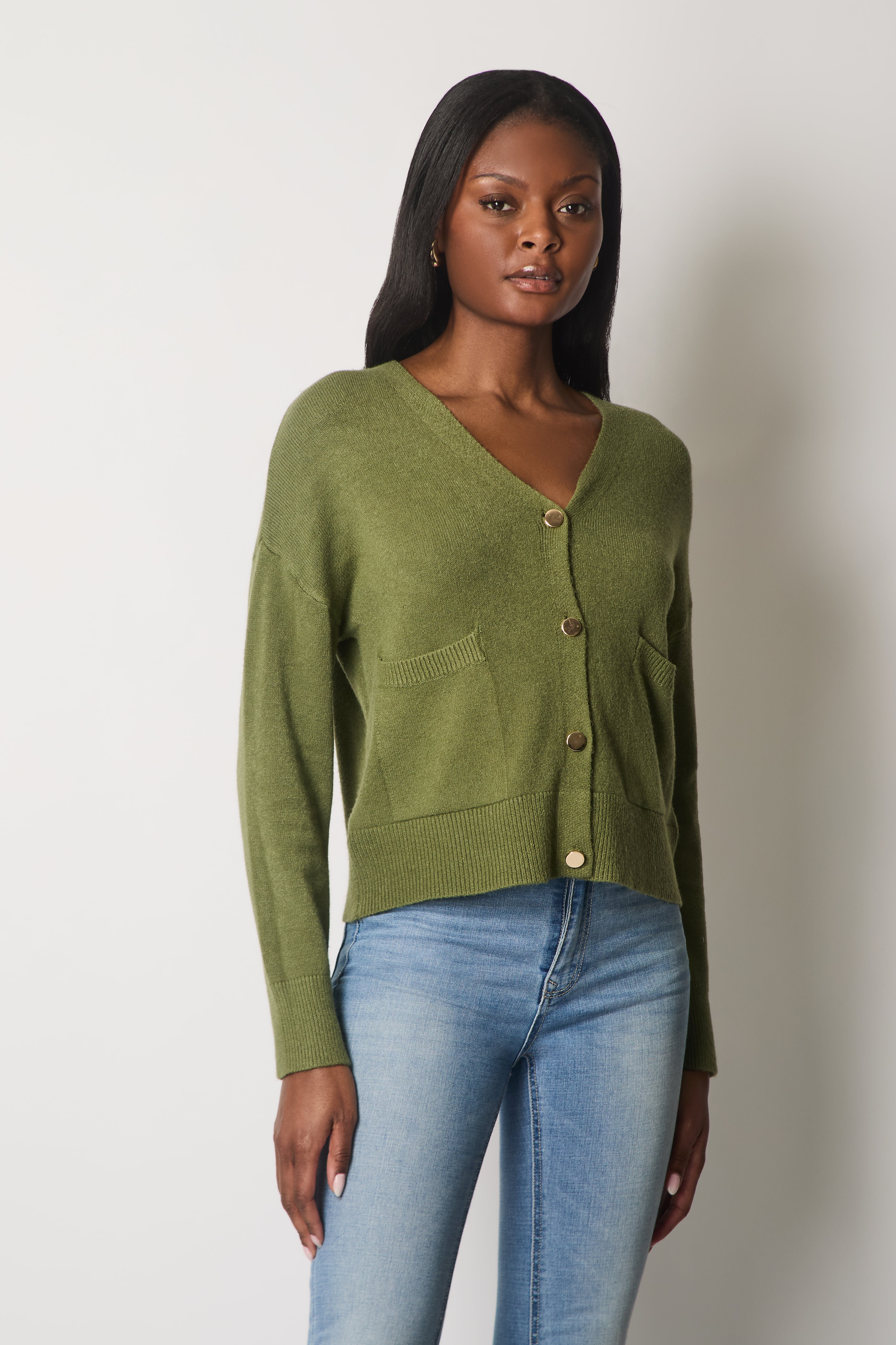 V-Neck Buttoned Cardigan with Pockets - Khaki