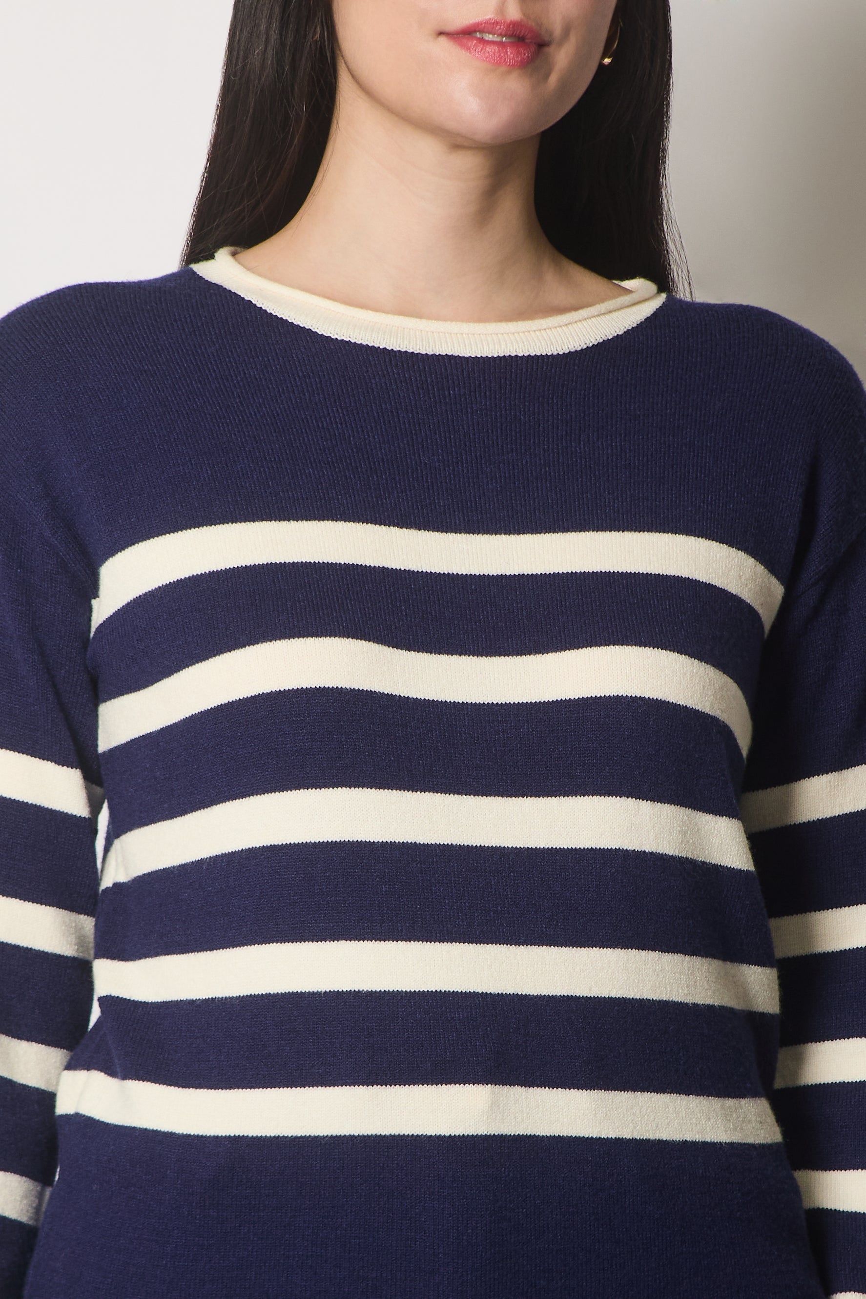 Round Neck Striped Jumper - Navy