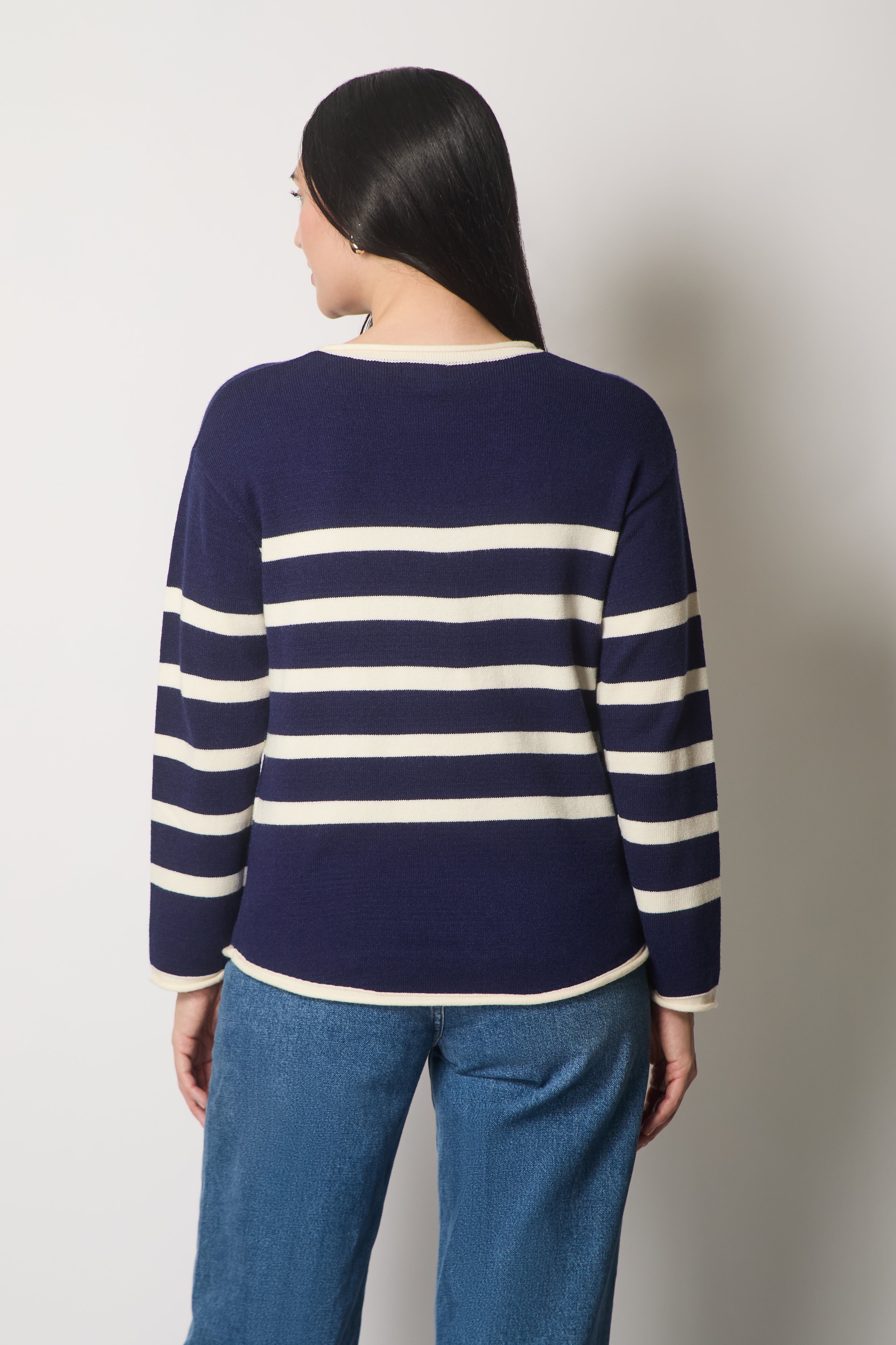 Round Neck Striped Jumper - Navy