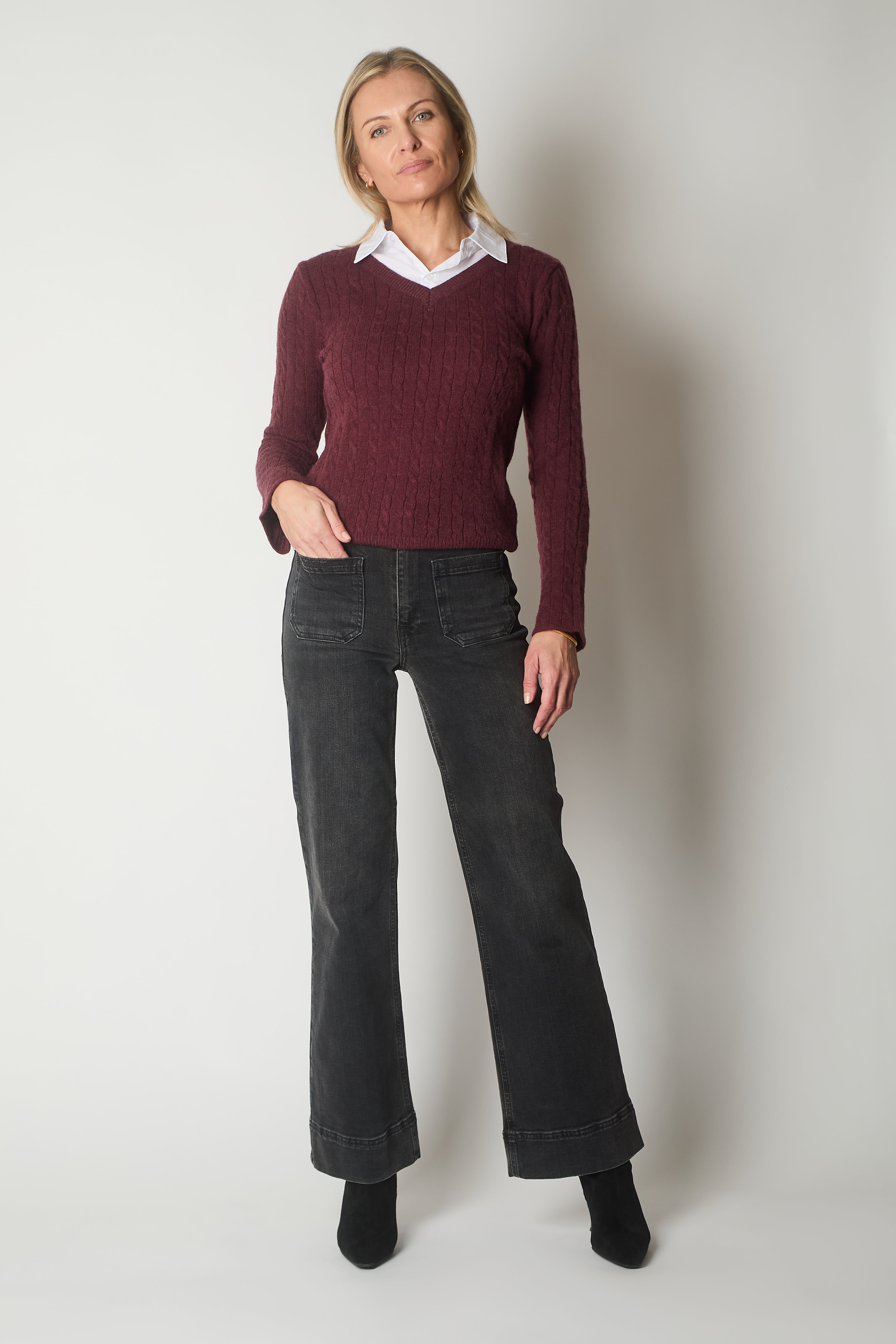Cable Knit V-Neck Sweater with Layered Collar Detail - Wine