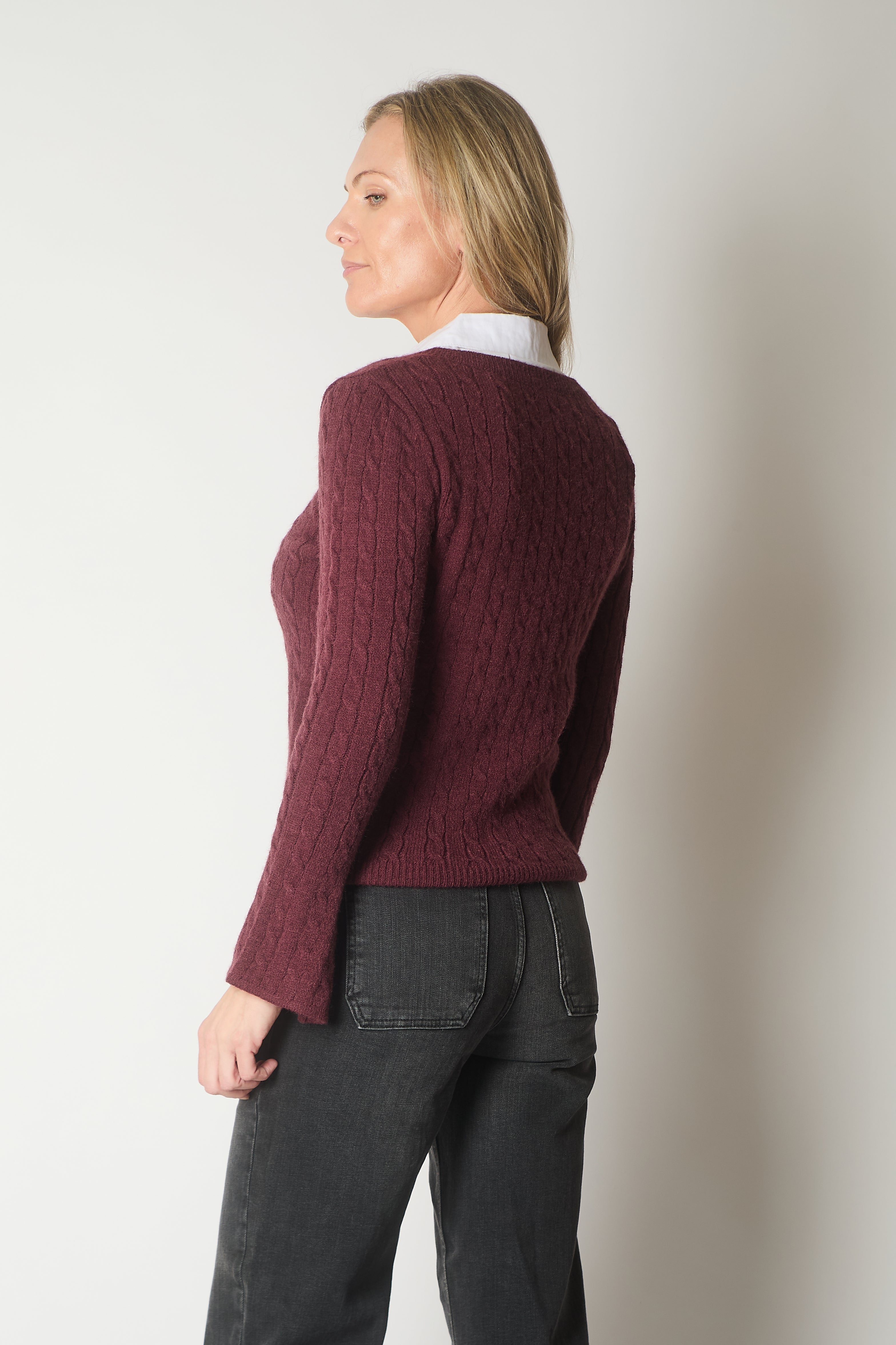 Cable Knit V-Neck Sweater with Layered Collar Detail - Wine