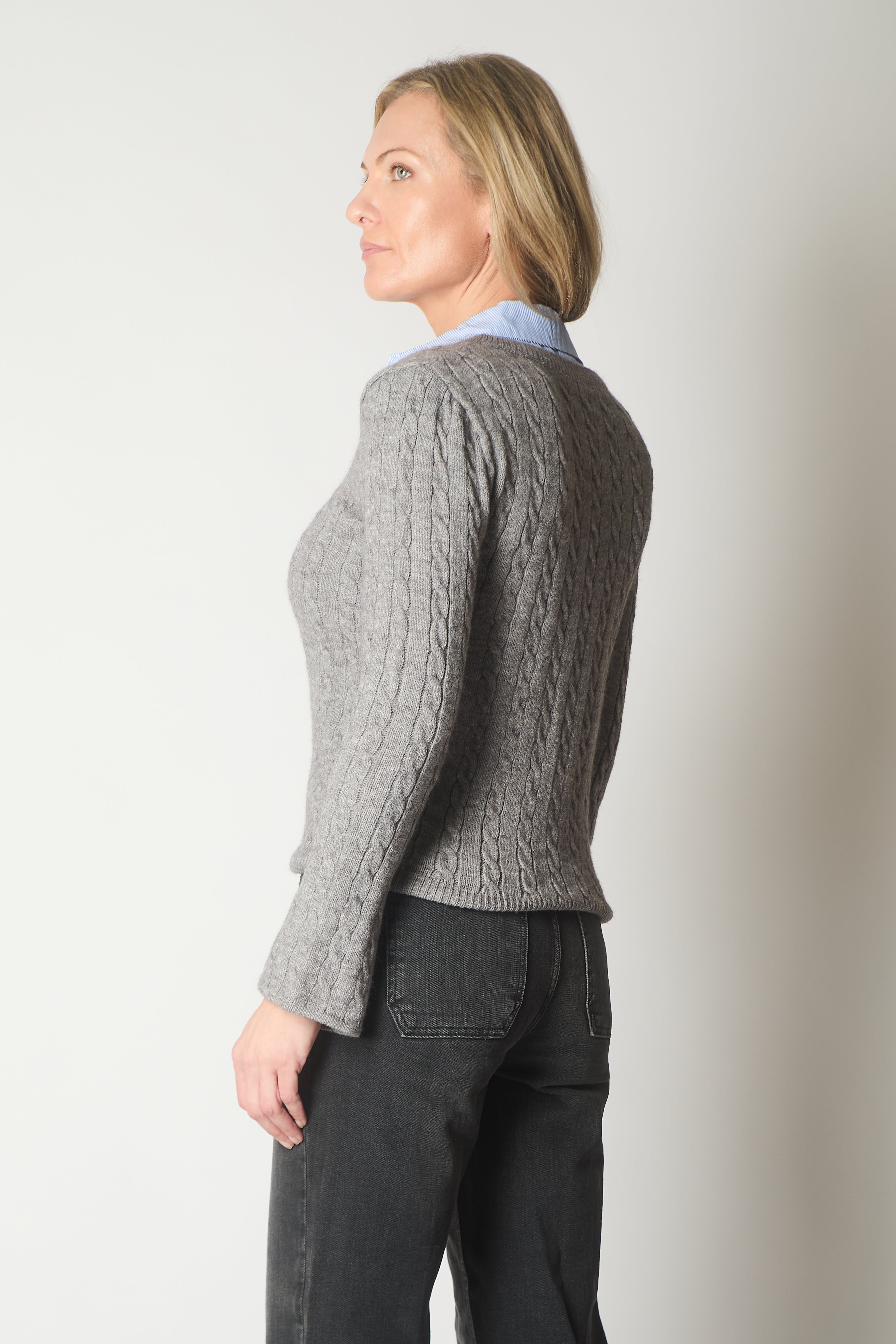 Cable Knit V-Neck Sweater with Layered Collar Detail - Grey