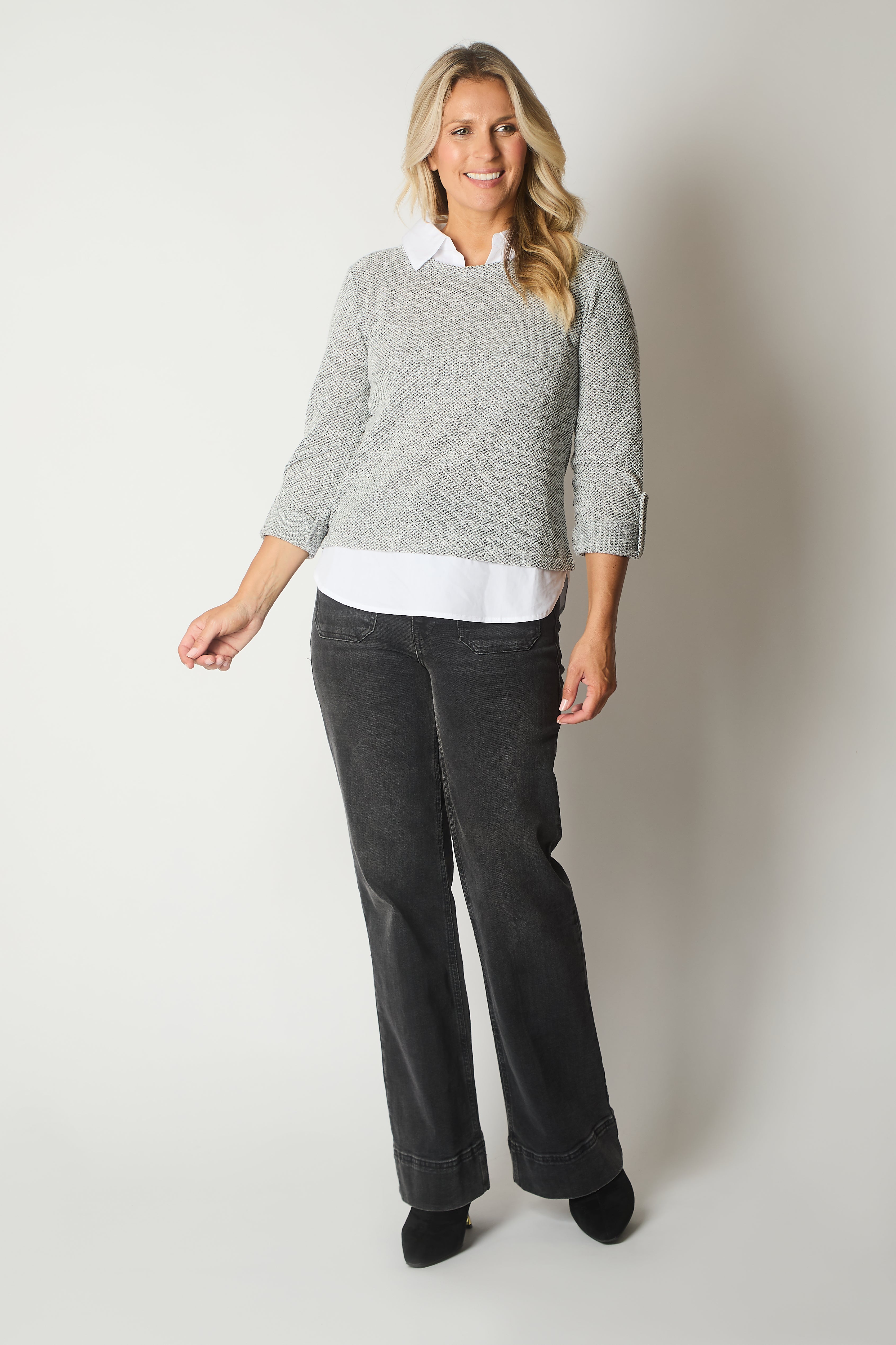 Textured Knit Jumper with Contrast Collar and Hem - Grey