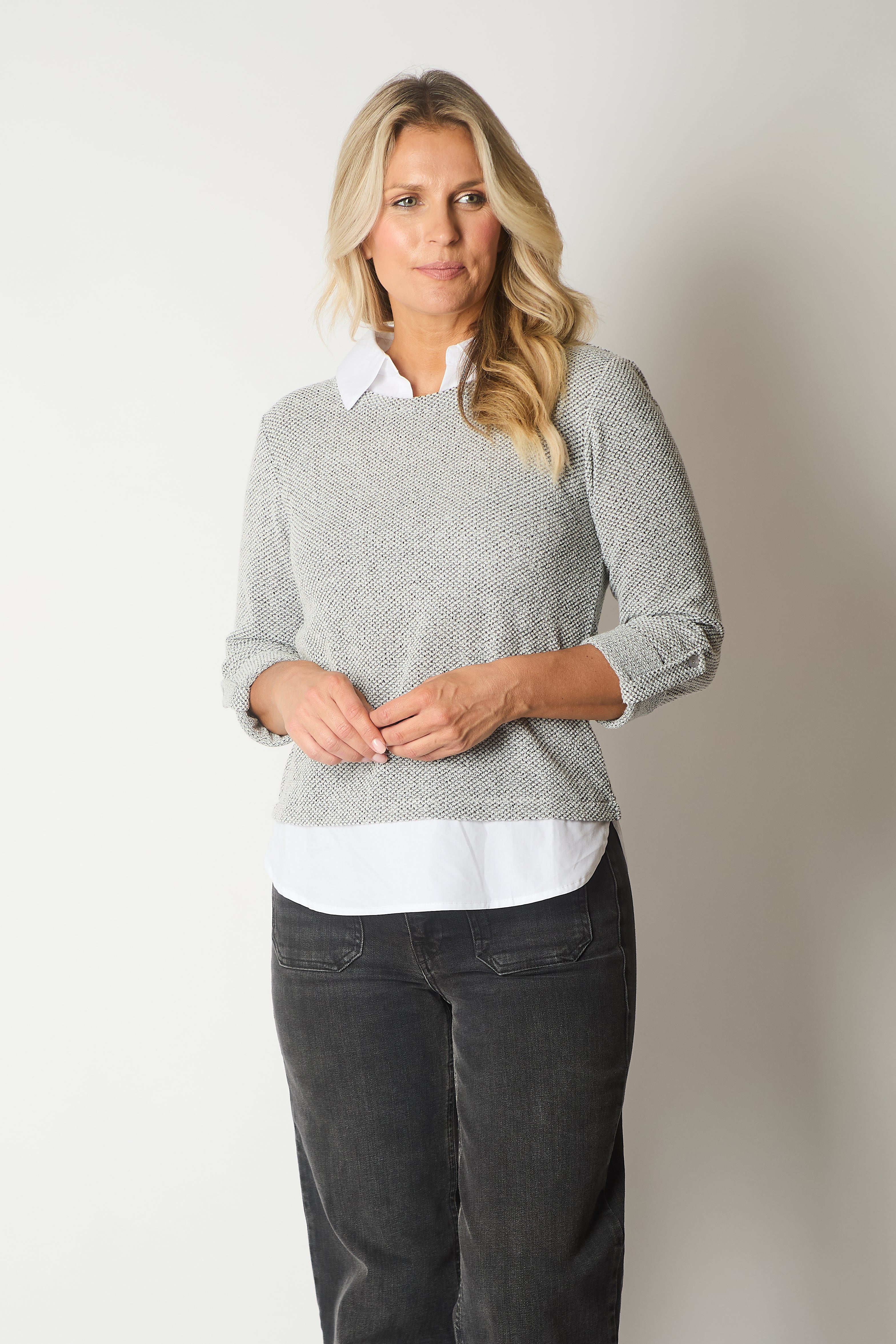 Textured Knit Jumper with Contrast Collar and Hem - Grey