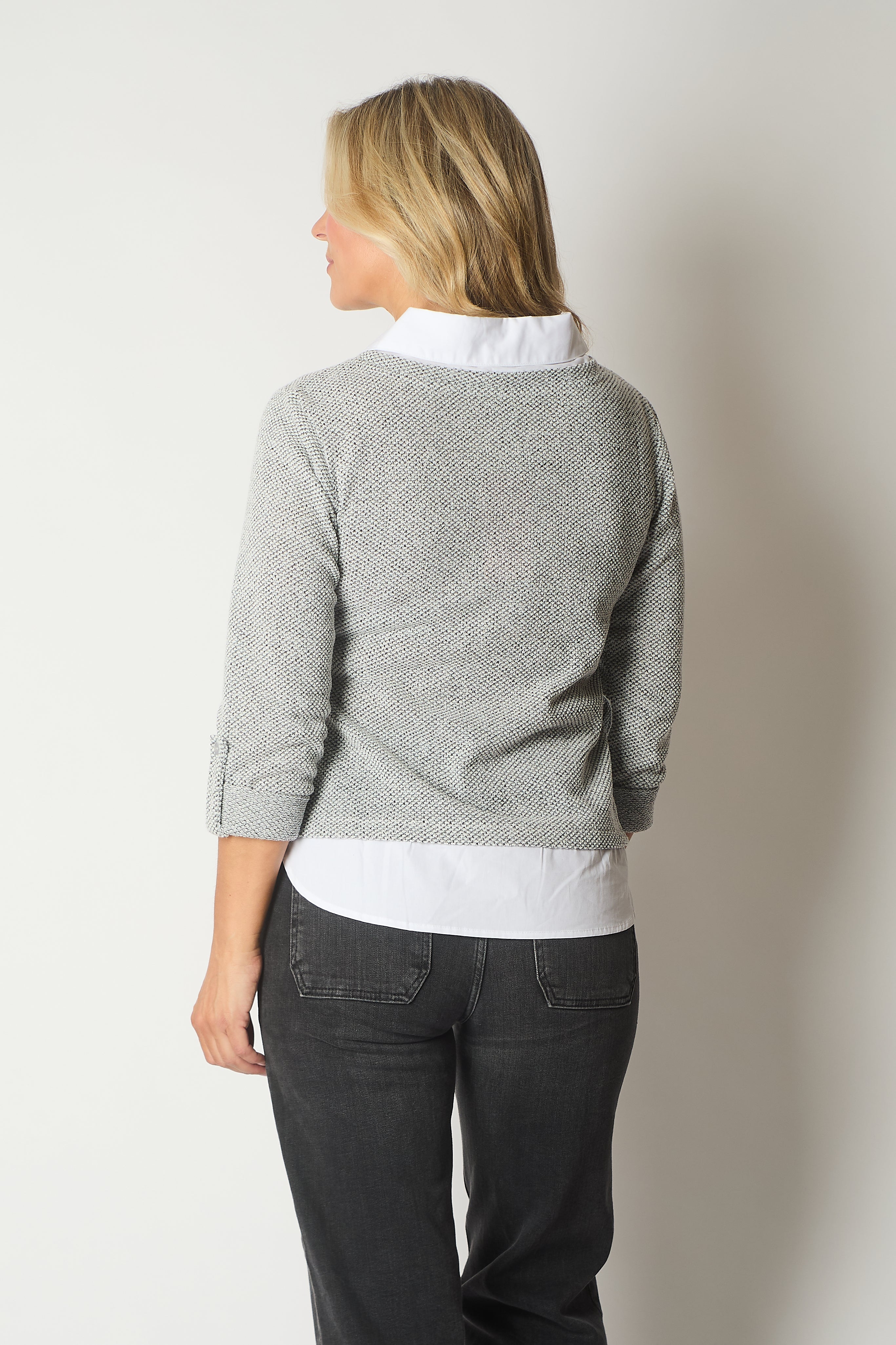 Textured Knit Jumper with Contrast Collar and Hem - Grey