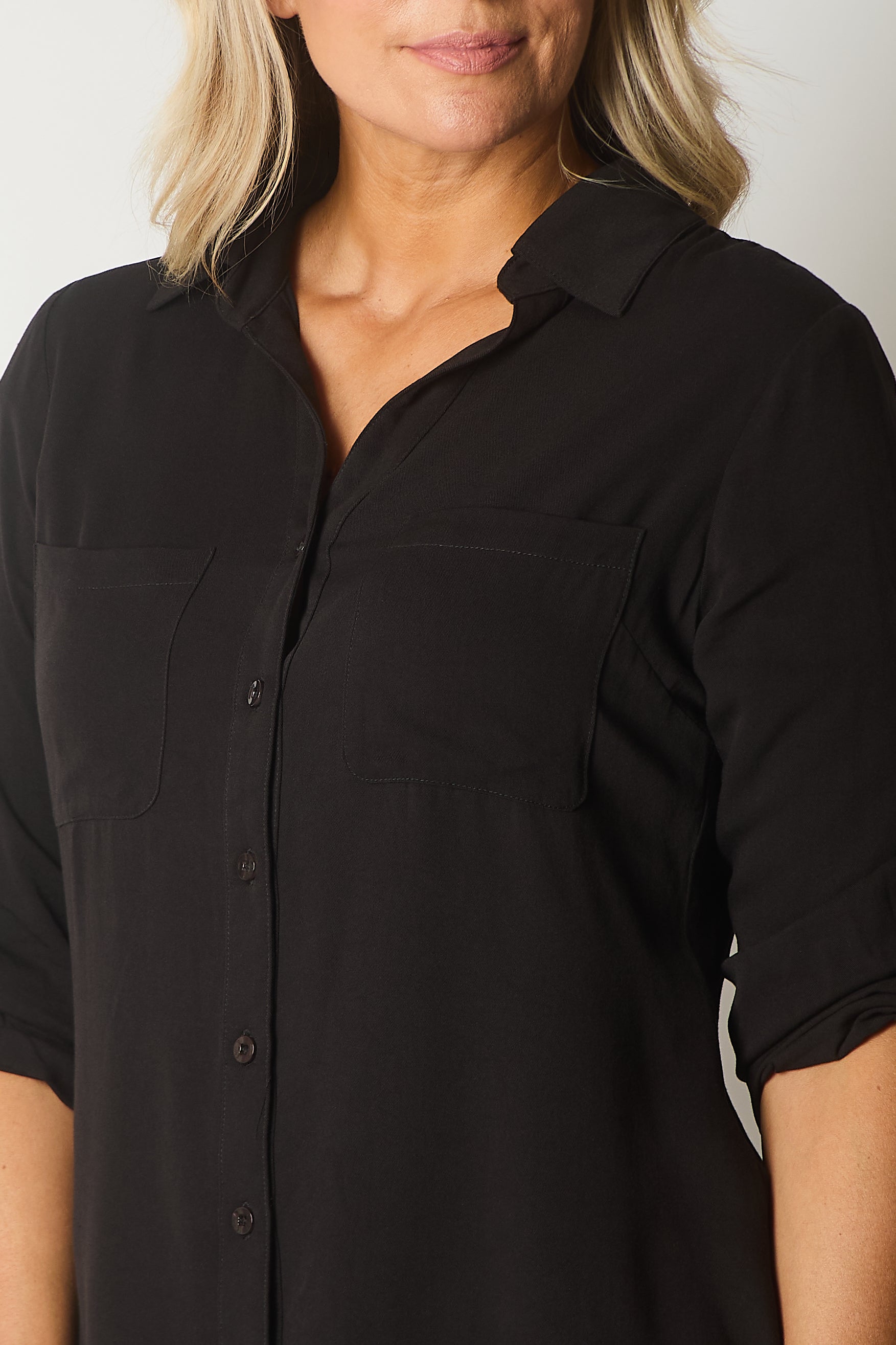 Button-Up Blouse with Pockets - Black
