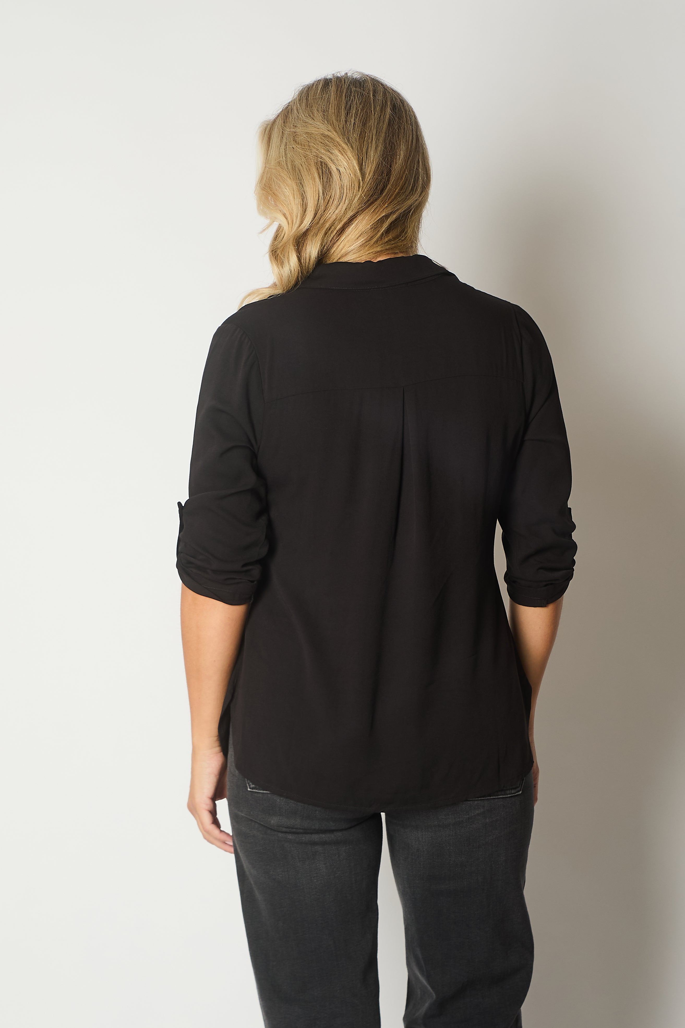 Button-Up Blouse with Pockets - Black