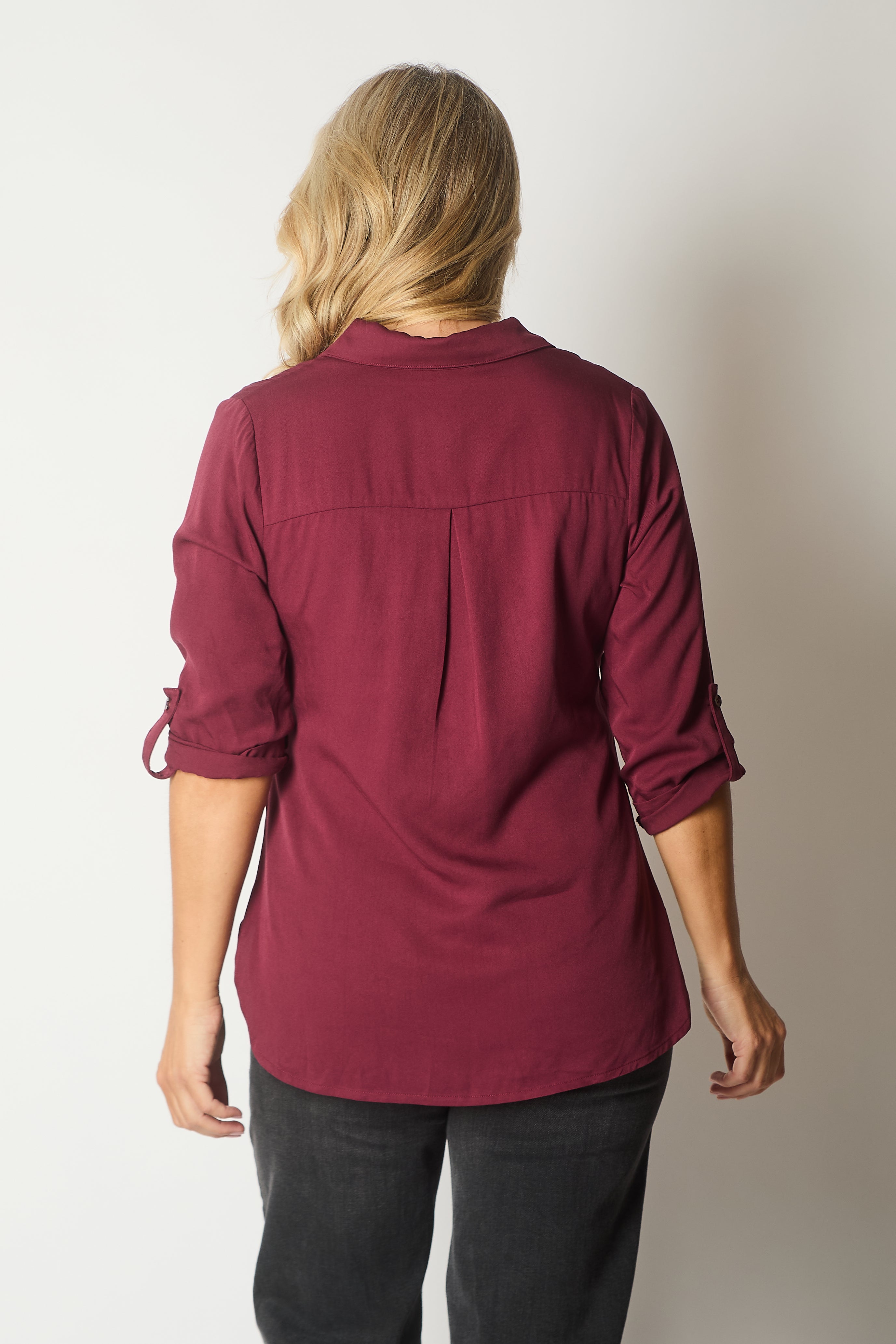Button-Up Blouse with Pockets - Wine