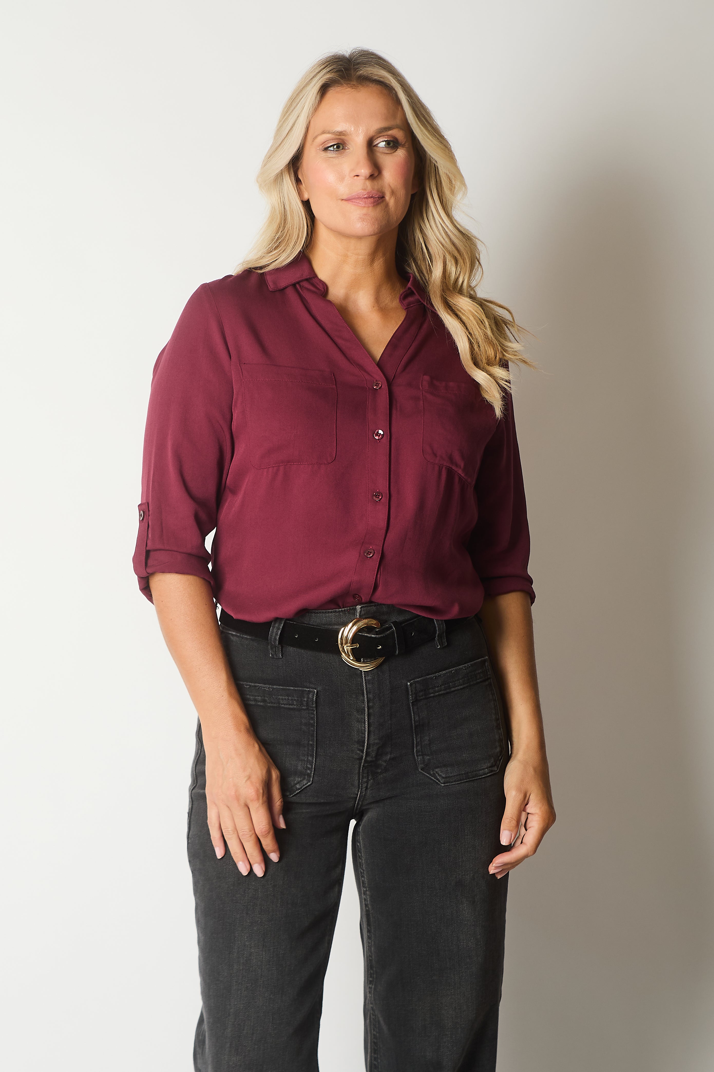 Button-Up Blouse with Pockets - Wine