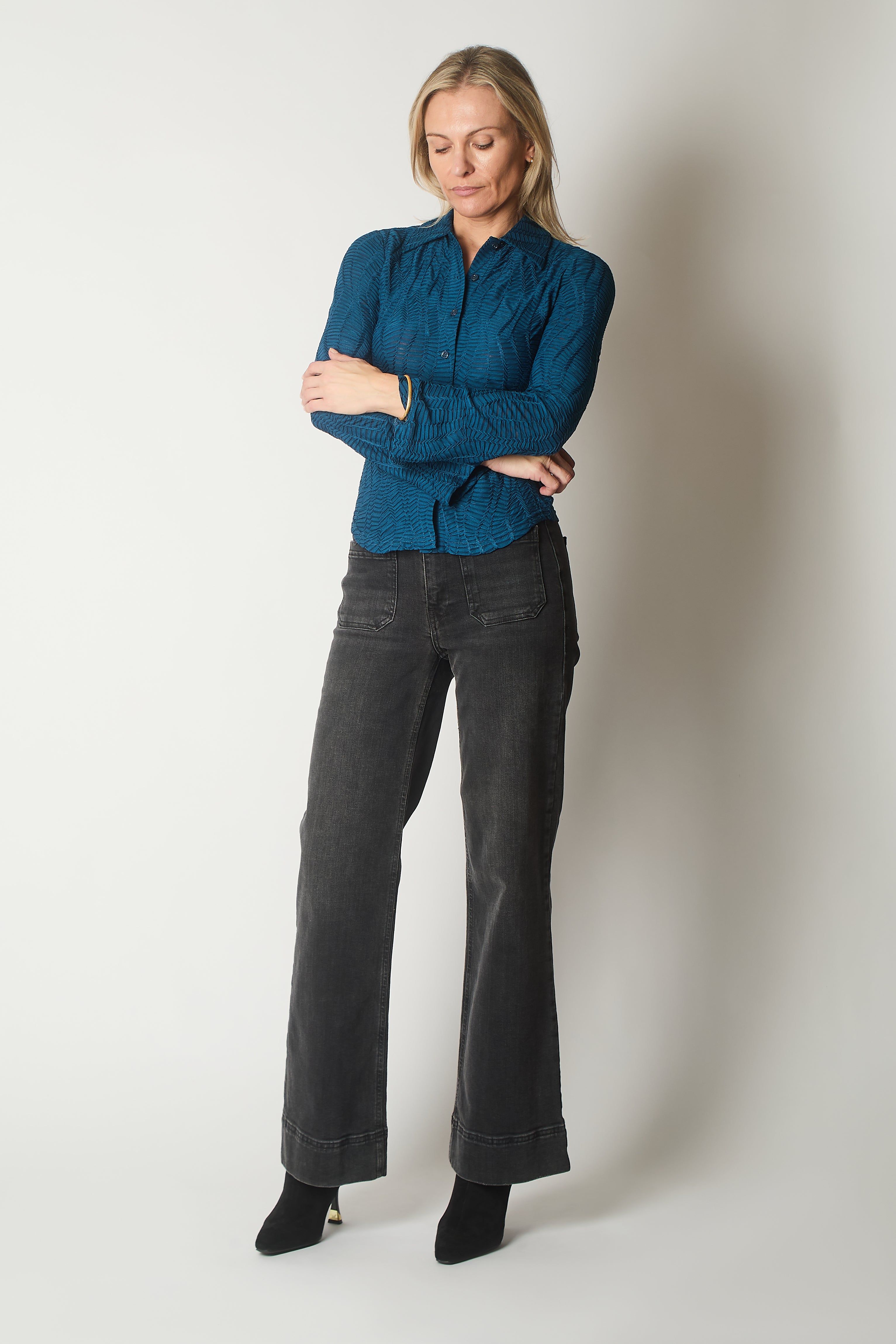 Textured Shirt with Flared Cuffs - Blue