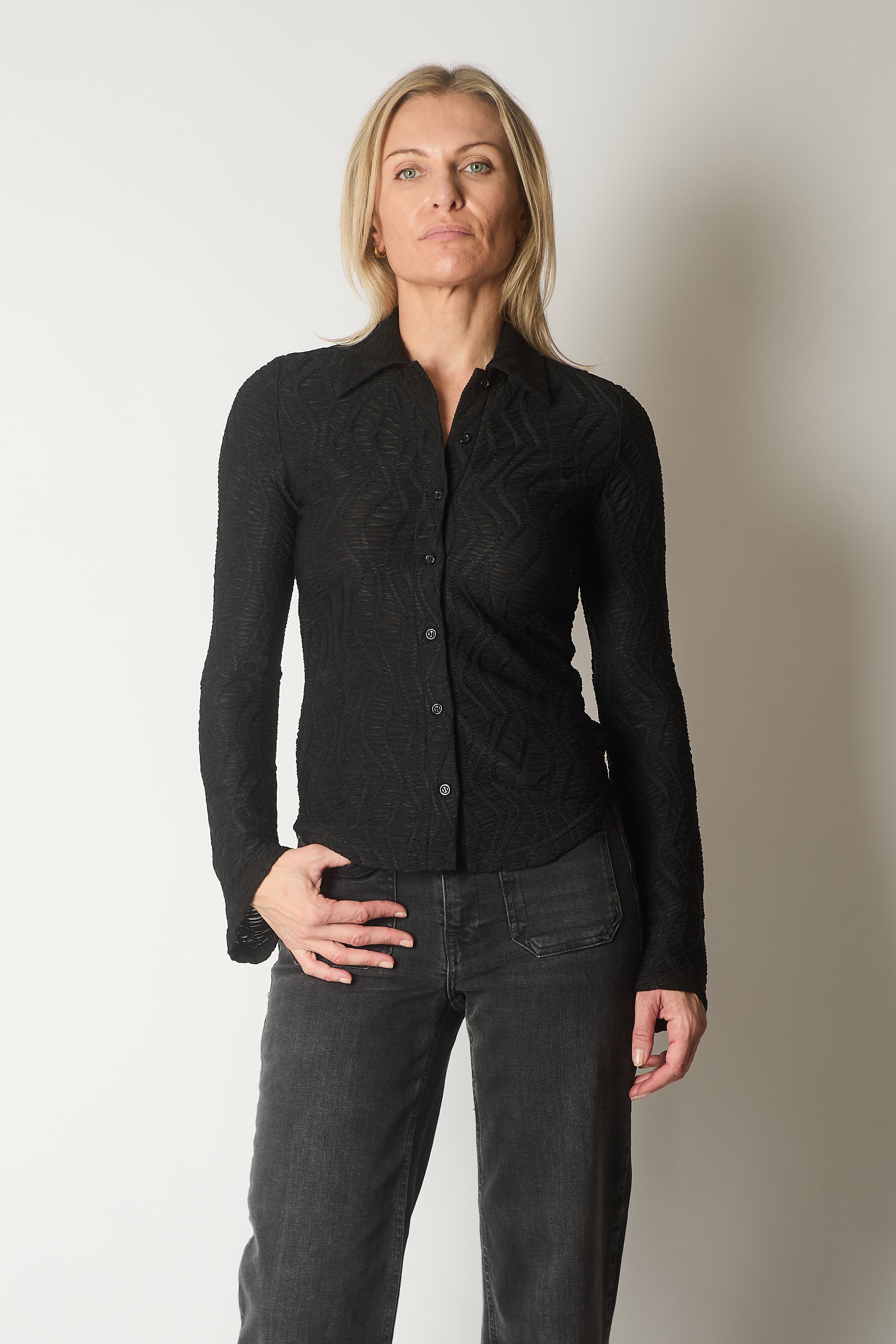 Textured Shirt with Flared Cuffs - Black