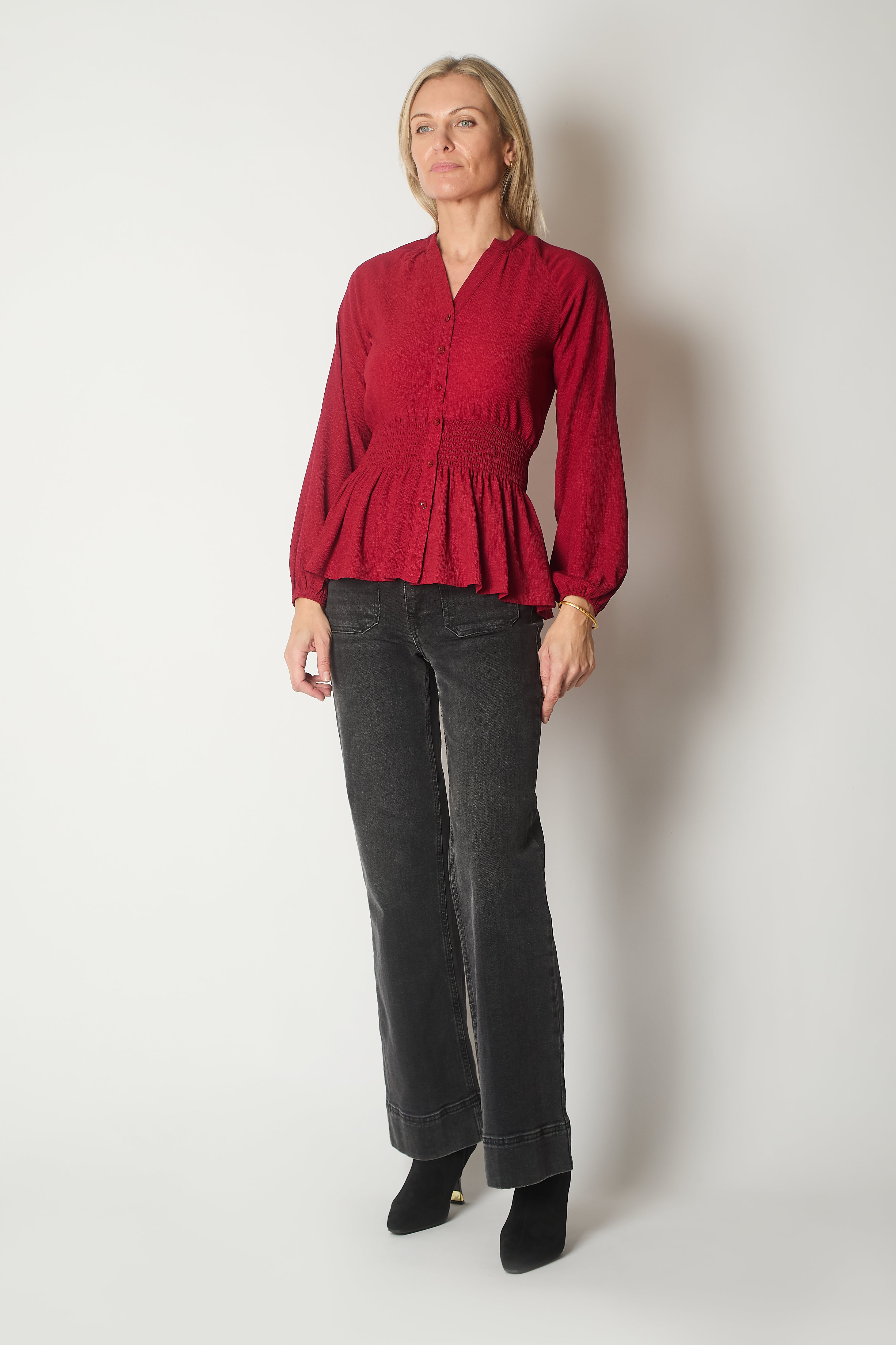 Smocked Waist Long Sleeve Blouse - Wine