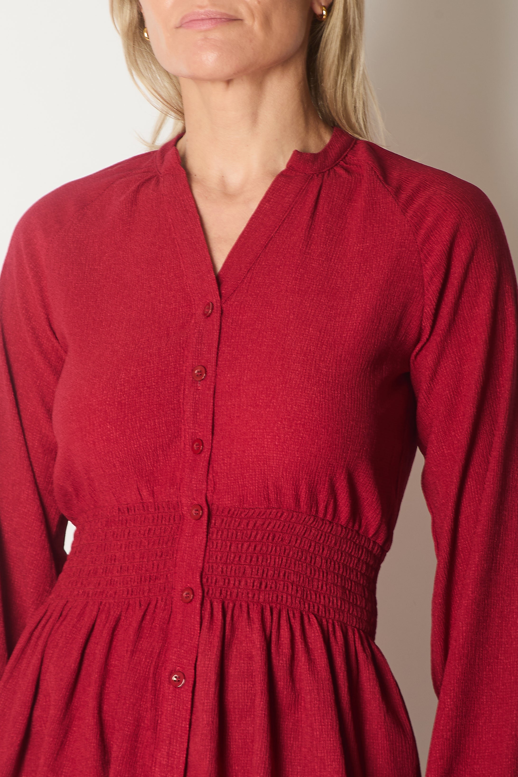 Smocked Waist Long Sleeve Blouse - Wine
