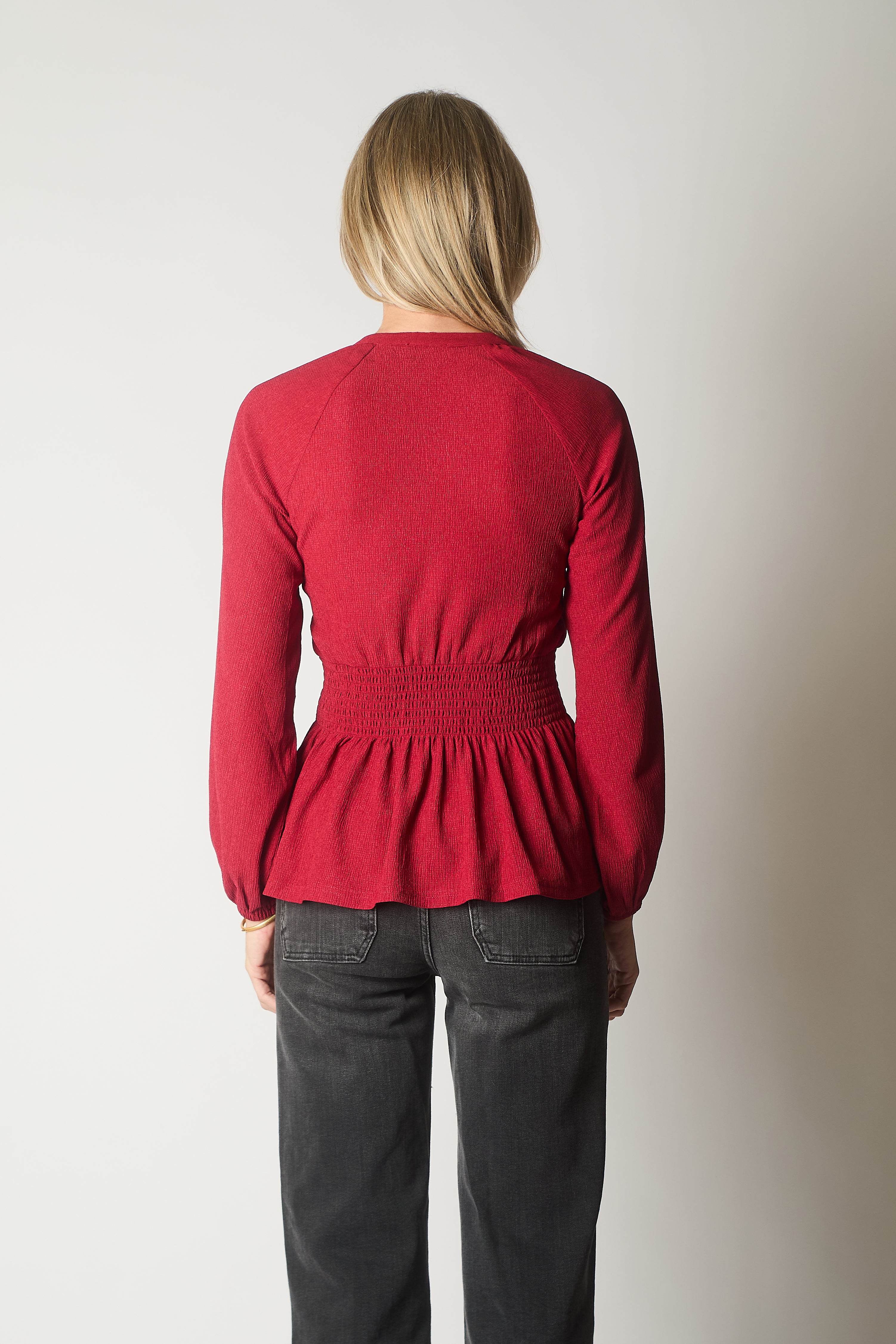 Smocked Waist Long Sleeve Blouse - Wine