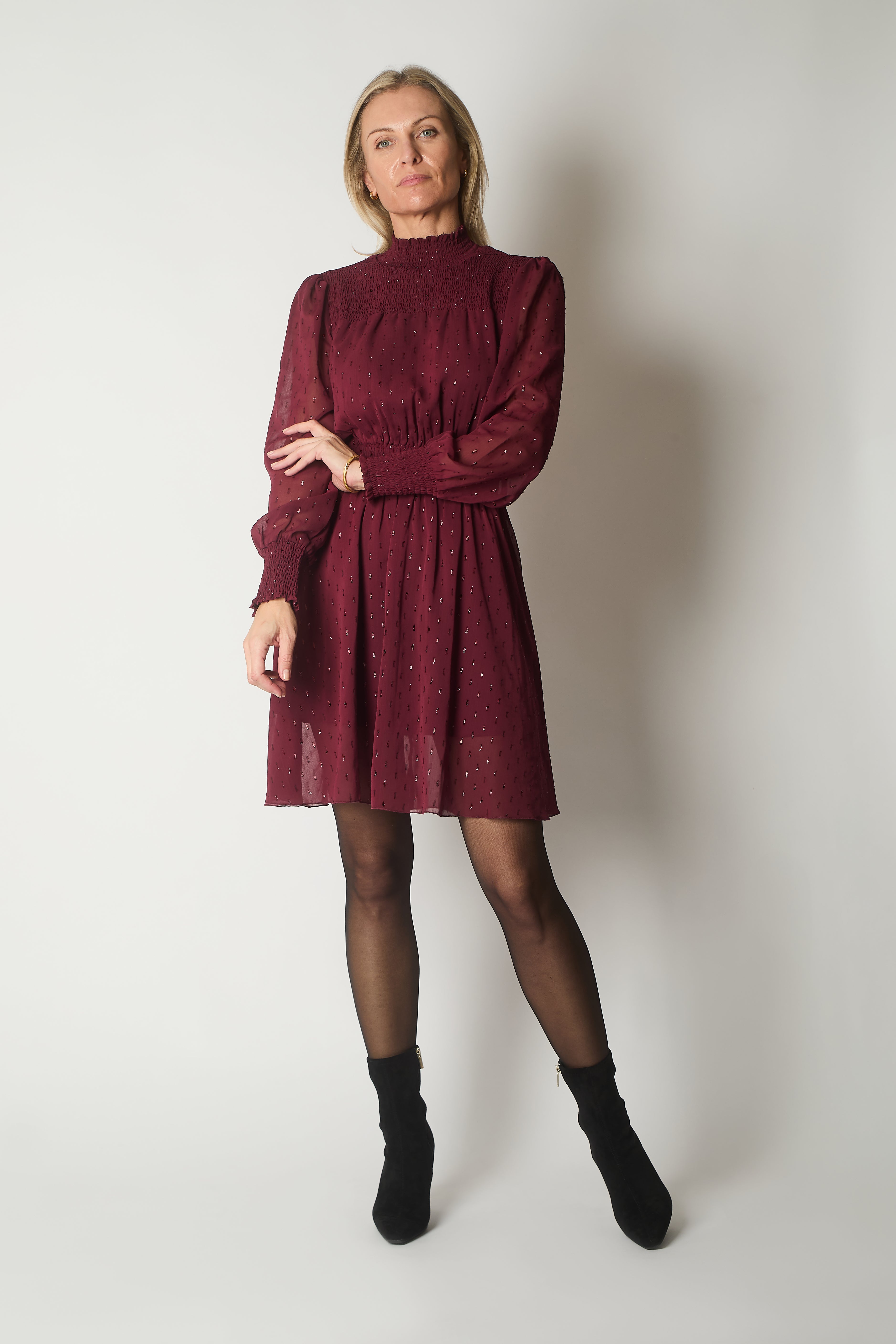 Smocked Waist Dress with Subtle Sparkle - Wine