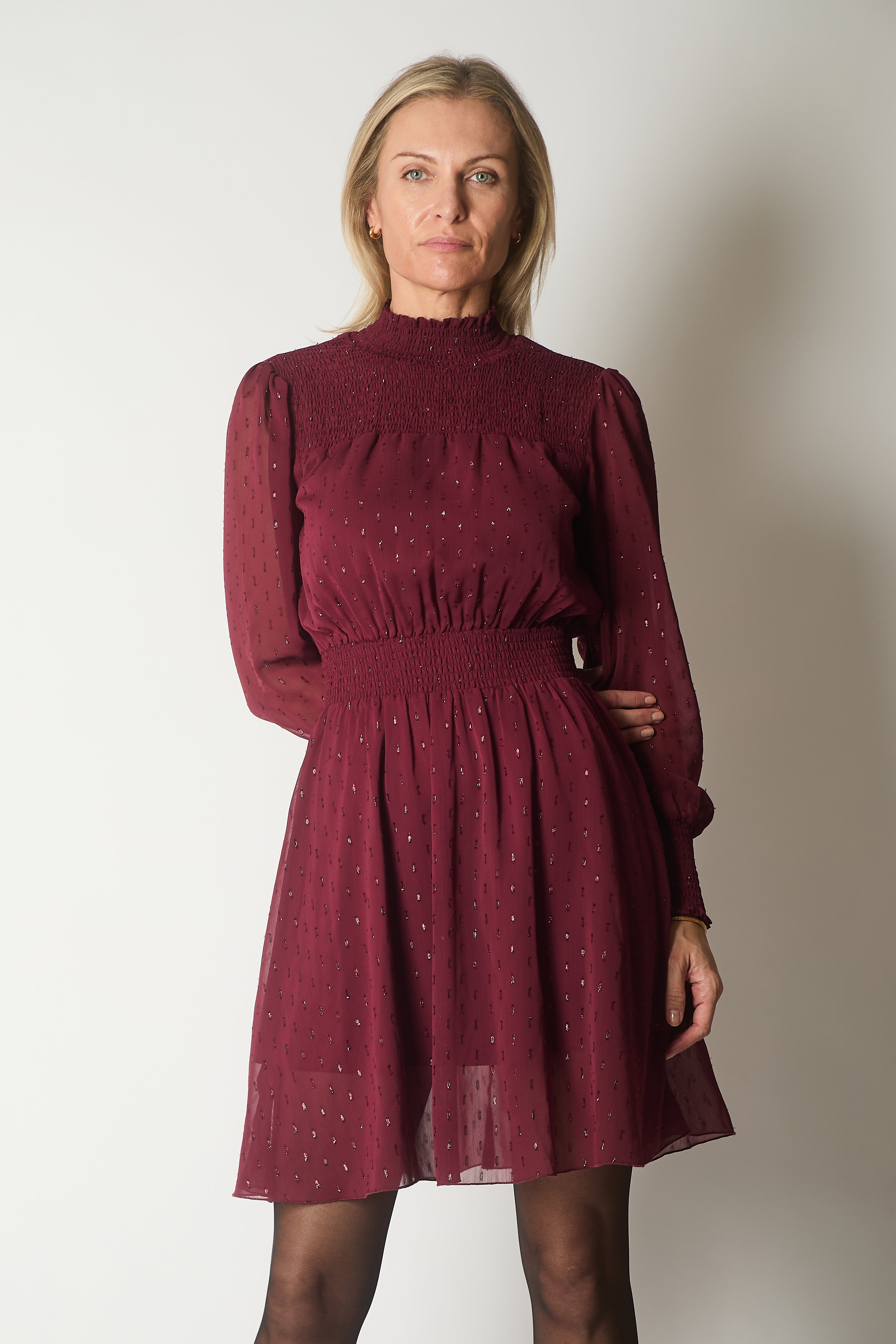 Smocked Waist Dress with Subtle Sparkle - Wine