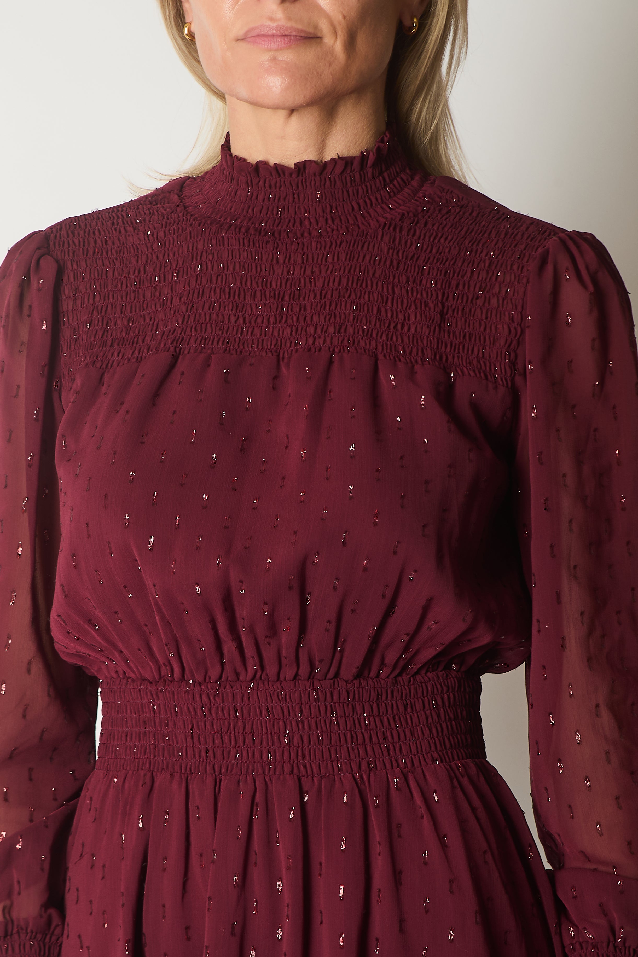 Smocked Waist Dress with Subtle Sparkle - Wine
