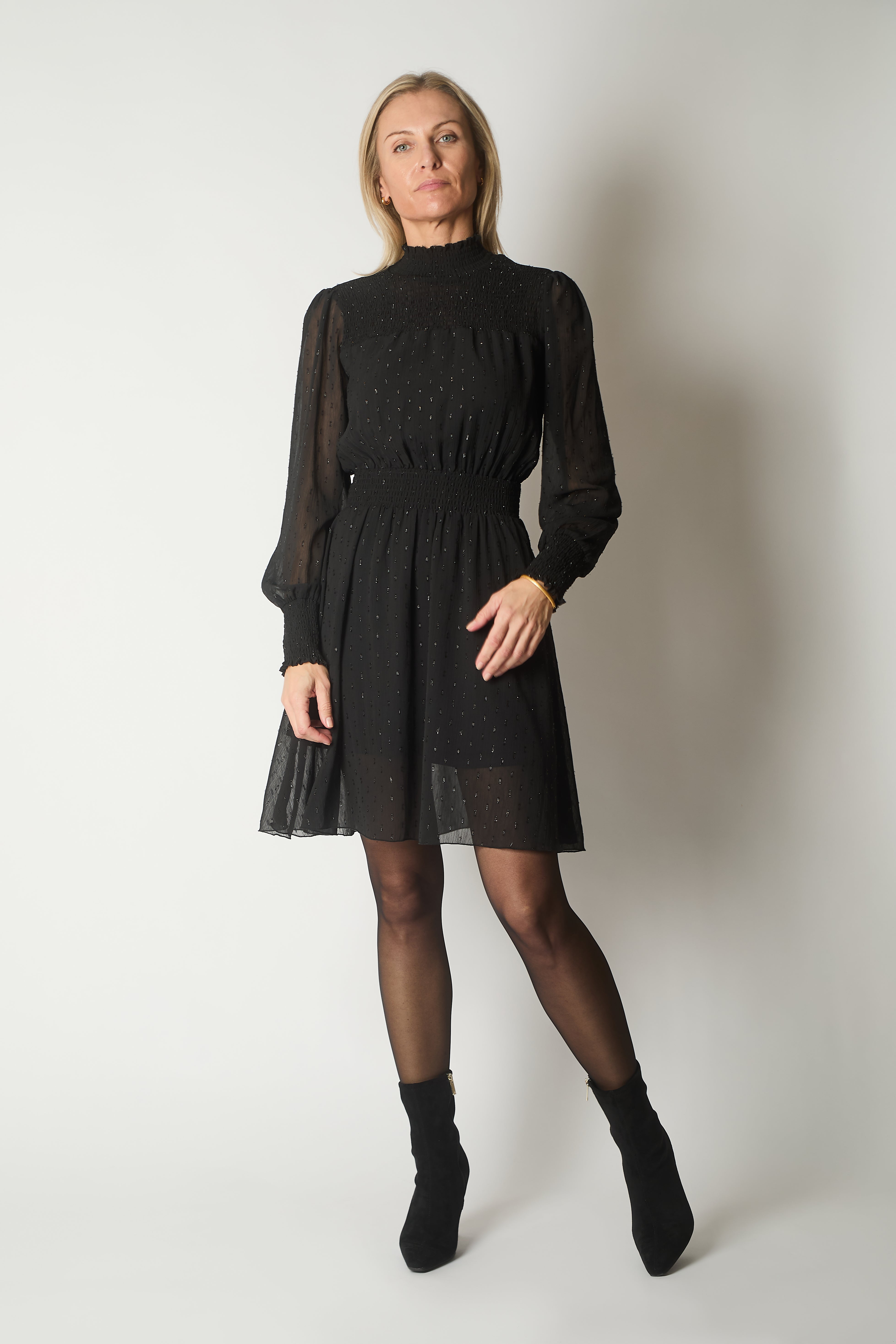 Smocked Waist Dress with Subtle Sparkle - Black