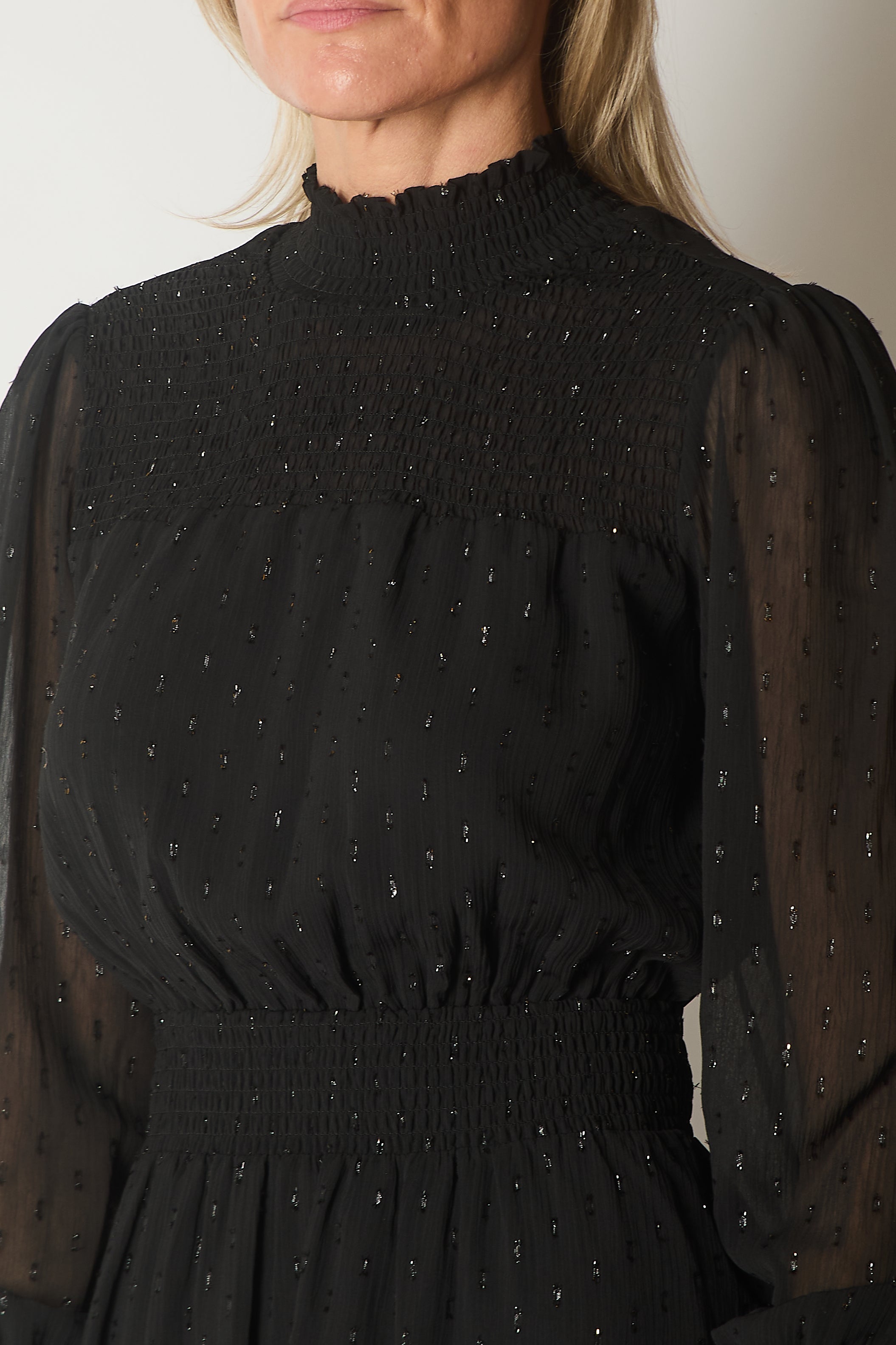 Smocked Waist Dress with Subtle Sparkle - Black