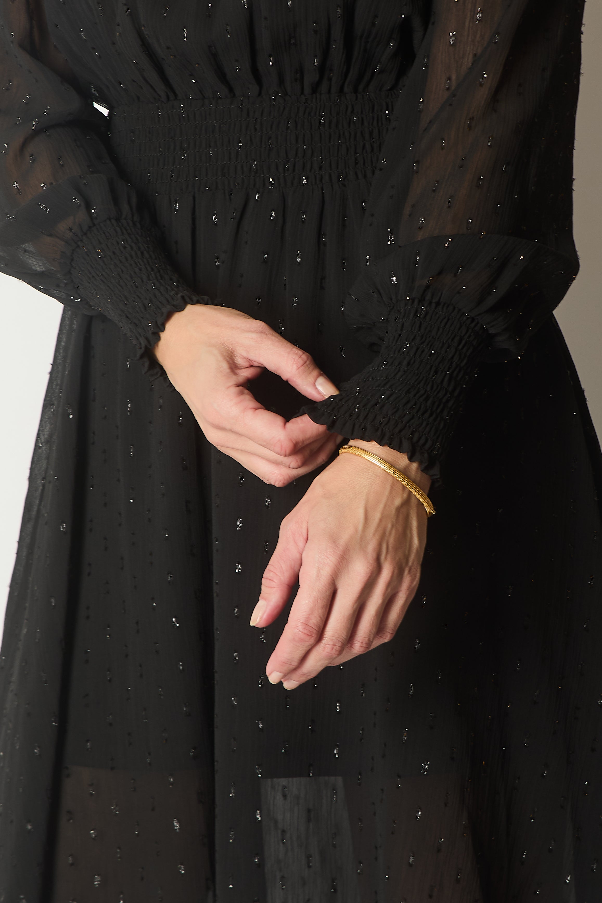 Smocked Waist Dress with Subtle Sparkle - Black