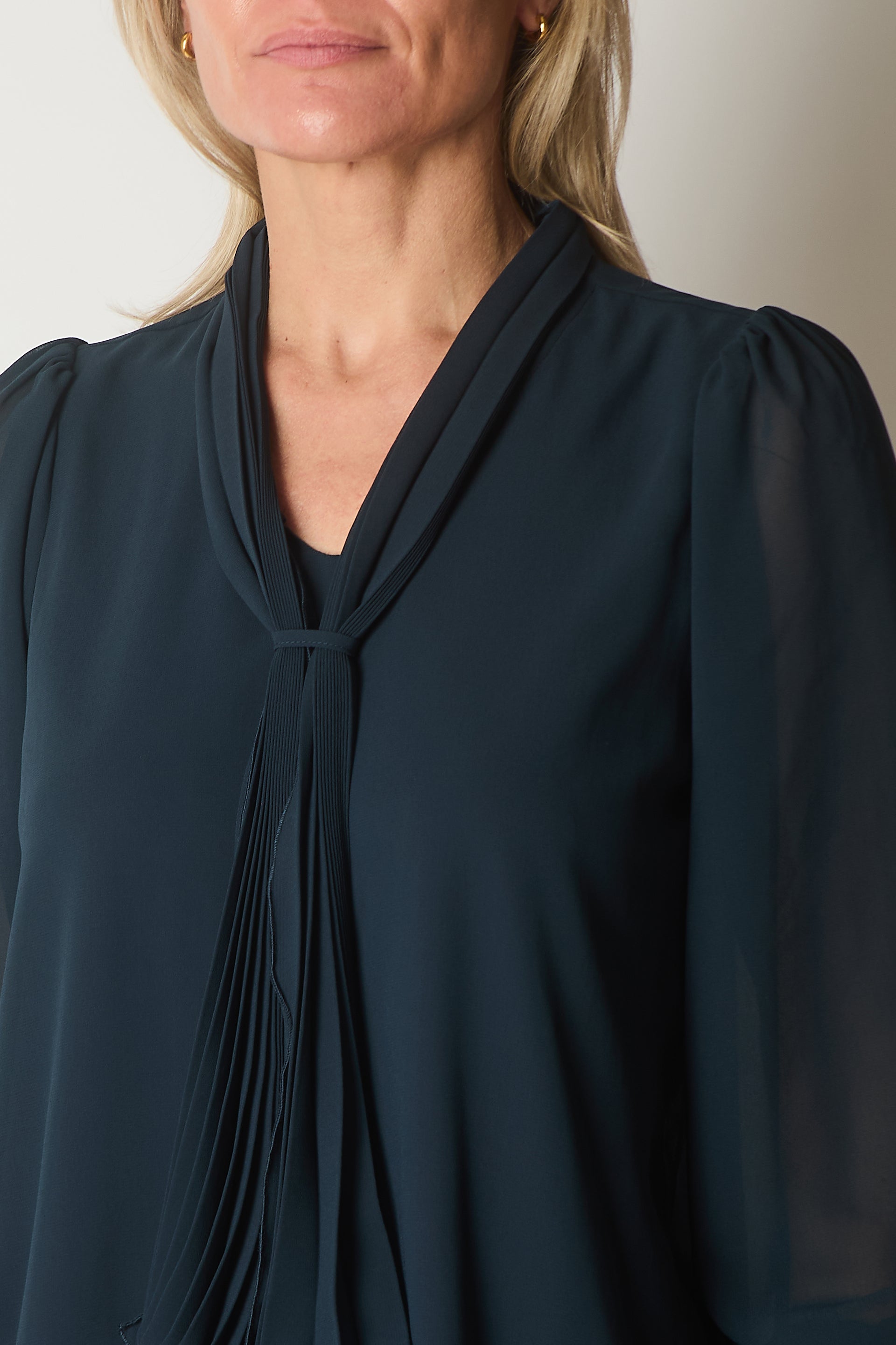 Tie Neck Long Sleeve Top with Ruffle Cuffs - Teal