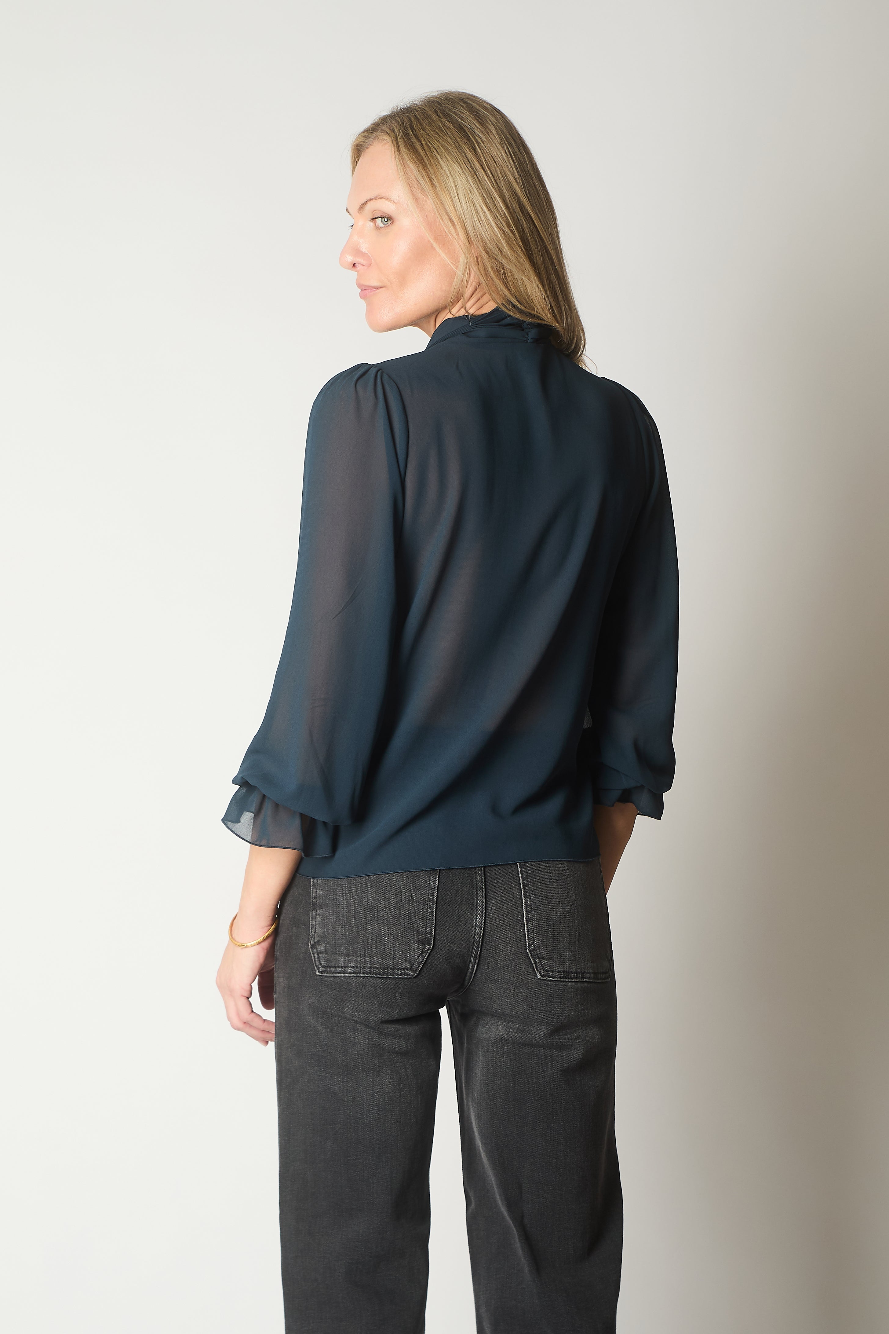 Tie Neck Long Sleeve Top with Ruffle Cuffs - Teal