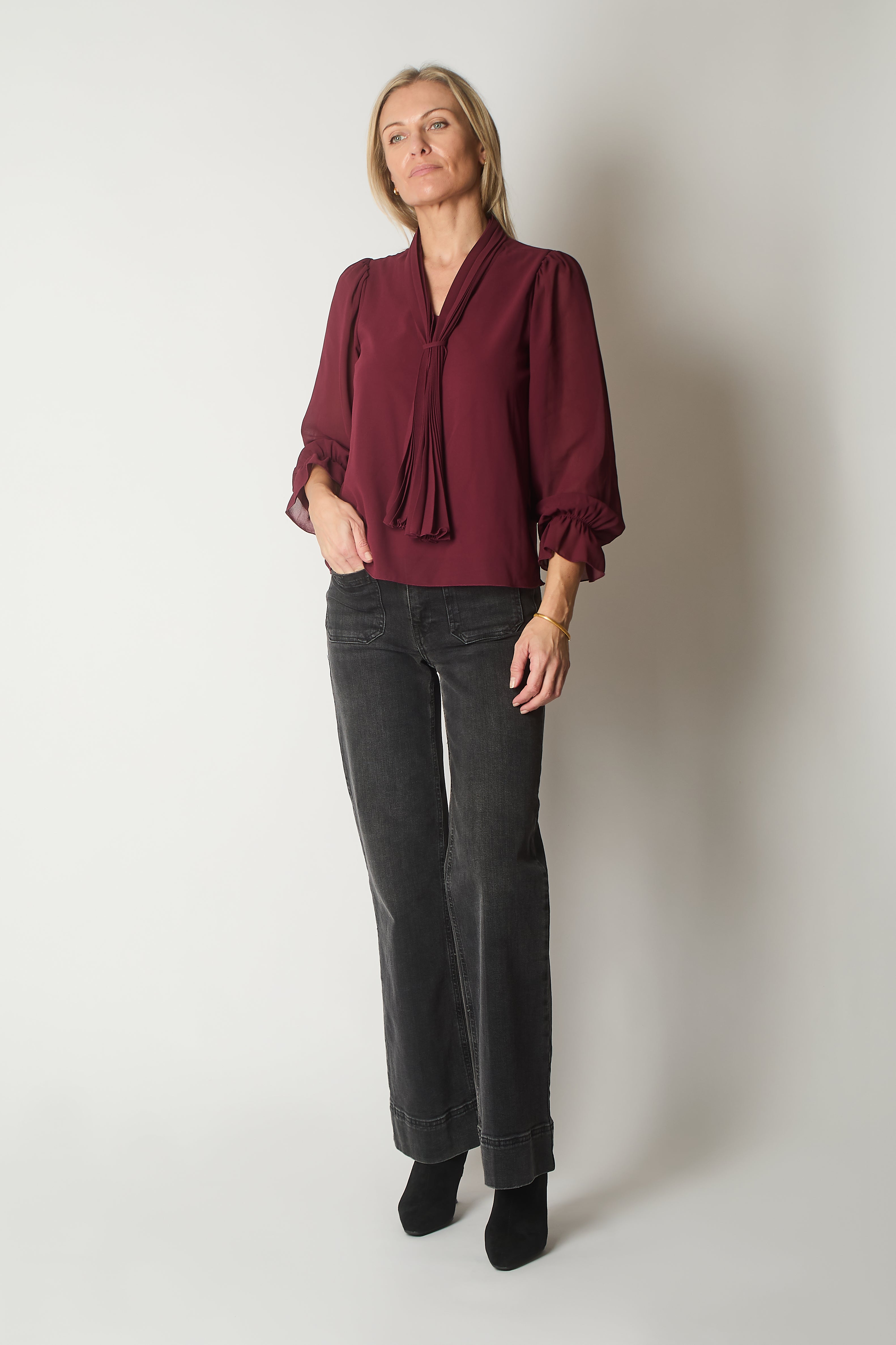 Tie Neck Long Sleeve Top with Ruffle Cuffs - Wine