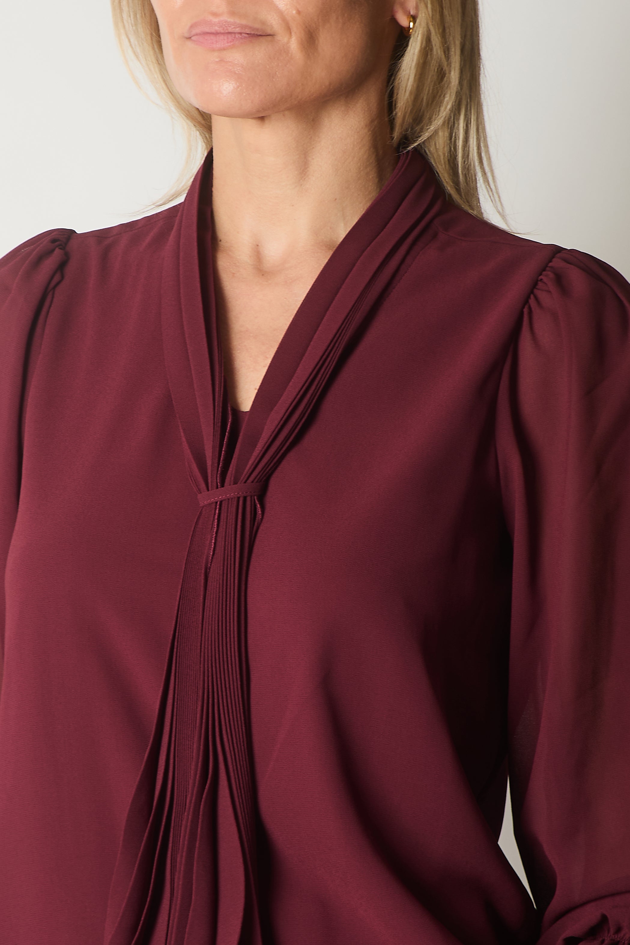 Tie Neck Long Sleeve Top with Ruffle Cuffs - Wine
