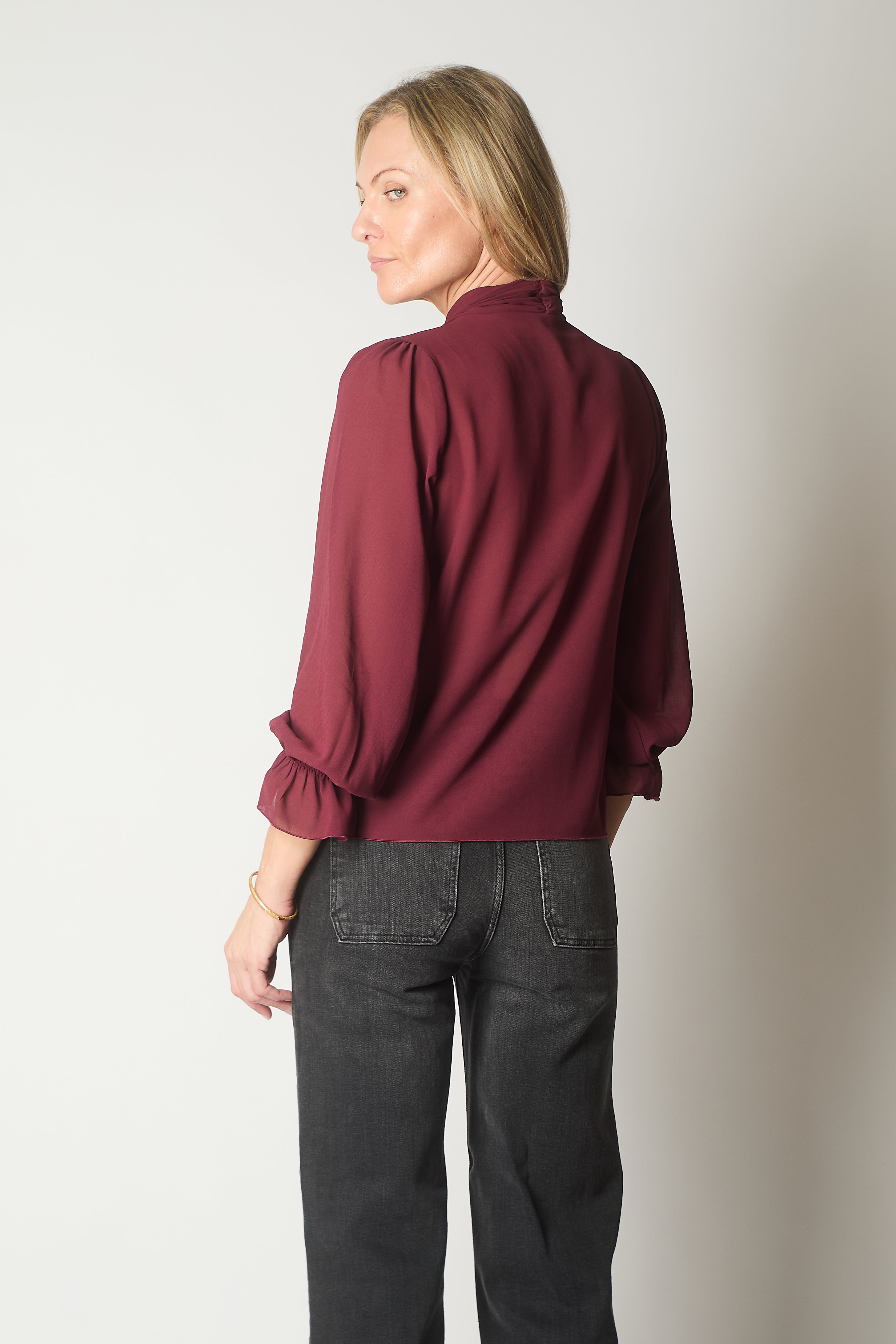 Tie Neck Long Sleeve Top with Ruffle Cuffs - Wine