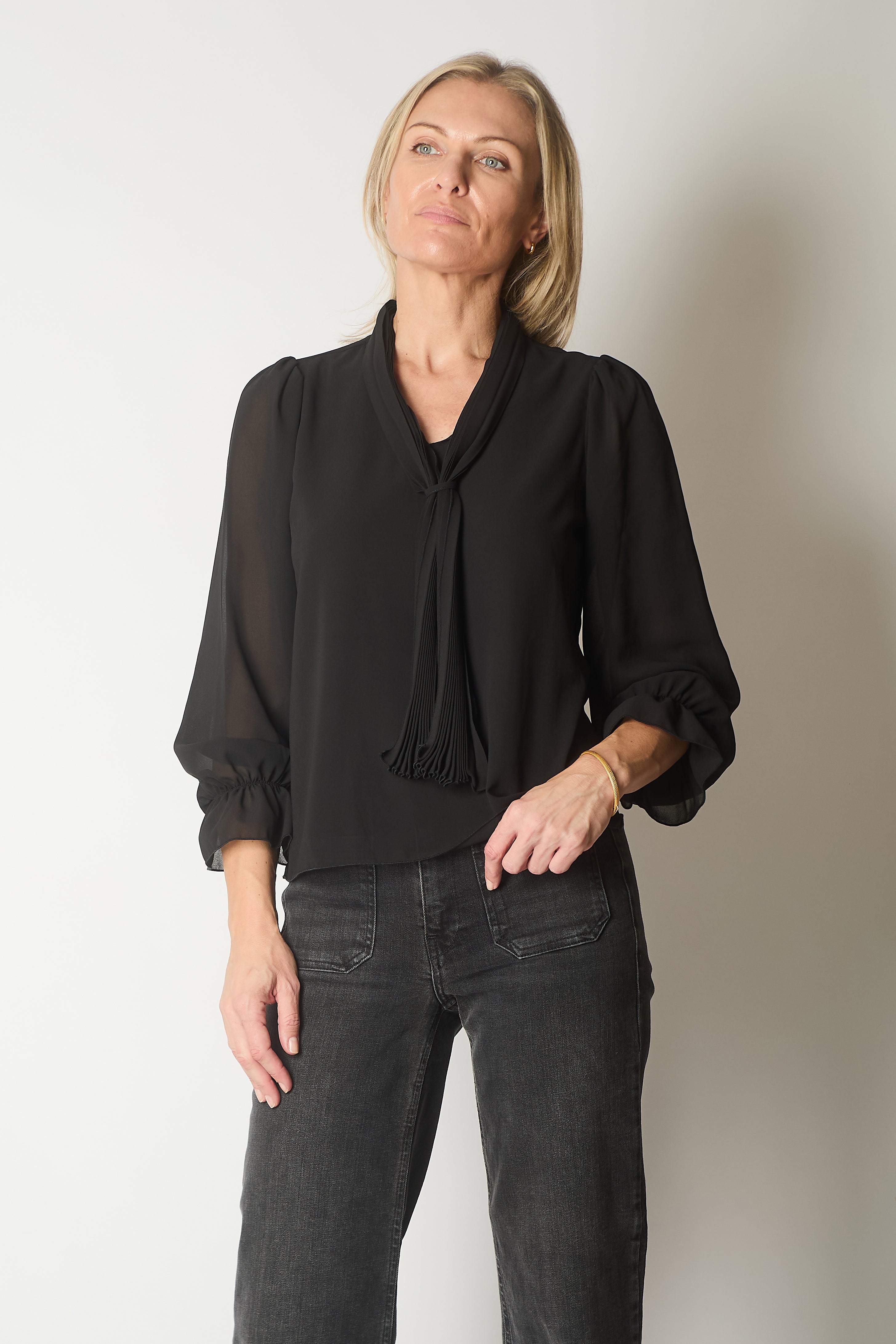 Tie Neck Long Sleeve Top with Ruffle Cuffs - Black