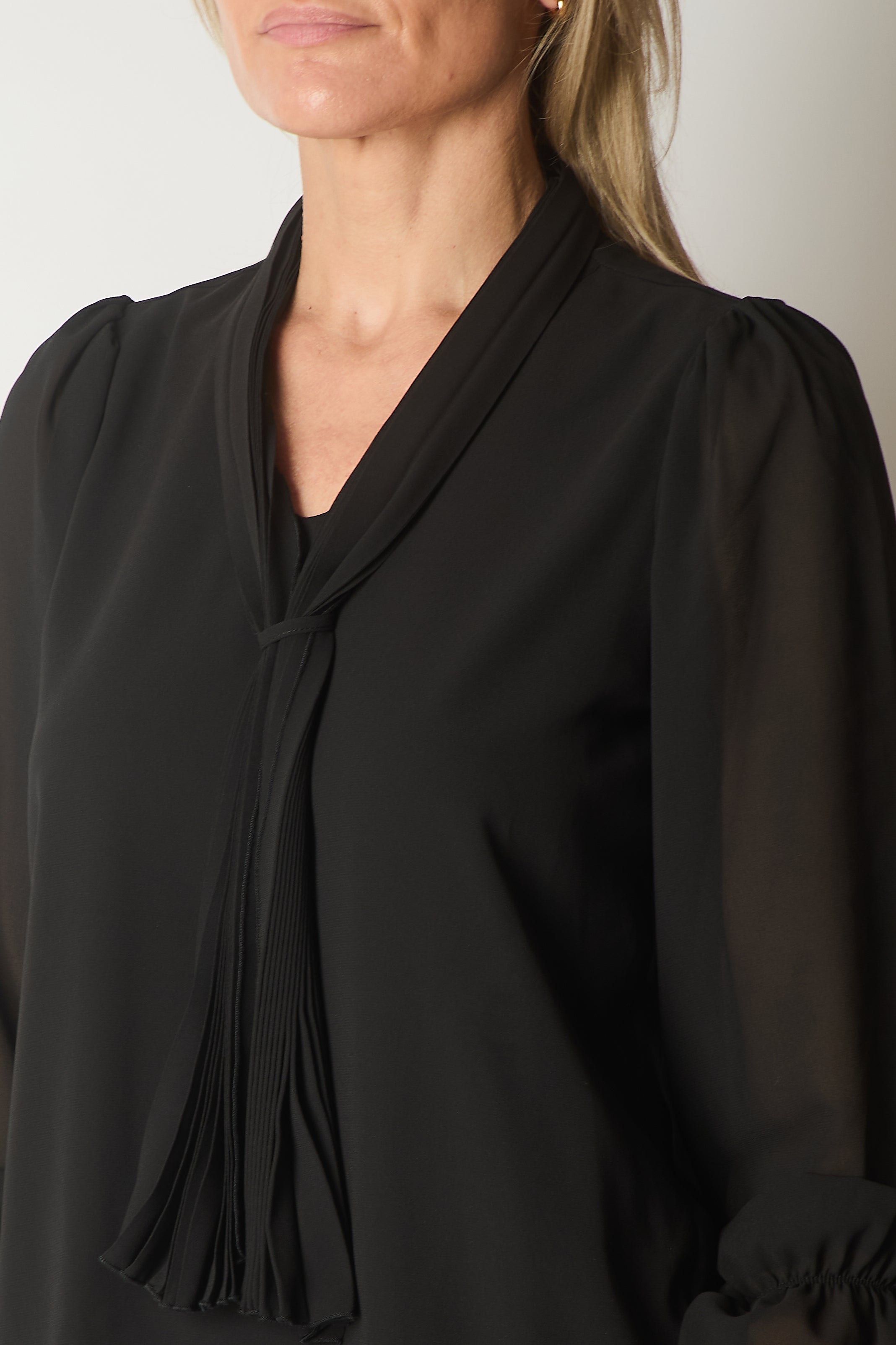 Tie Neck Long Sleeve Top with Ruffle Cuffs - Black