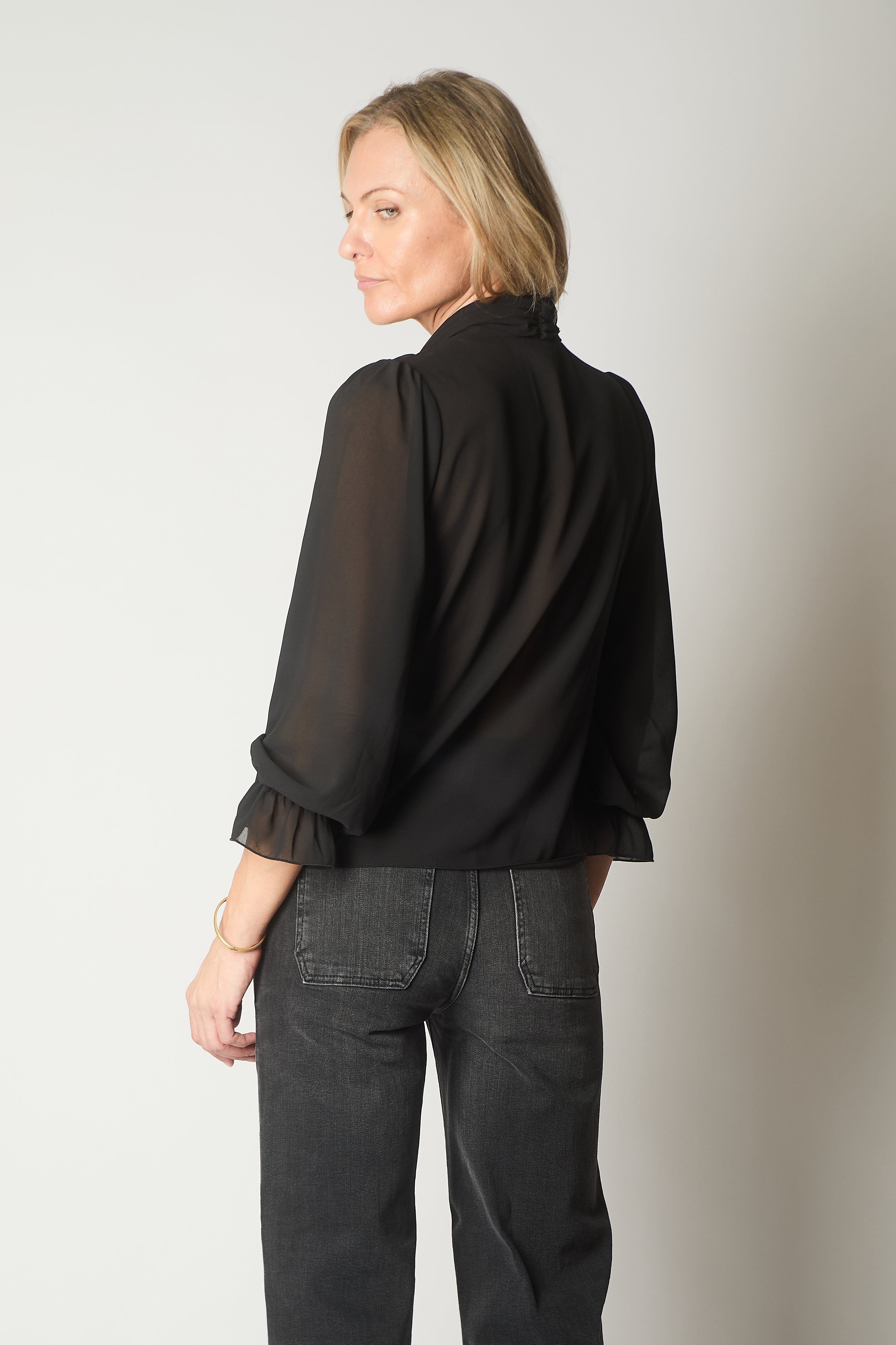 Tie Neck Long Sleeve Top with Ruffle Cuffs - Black