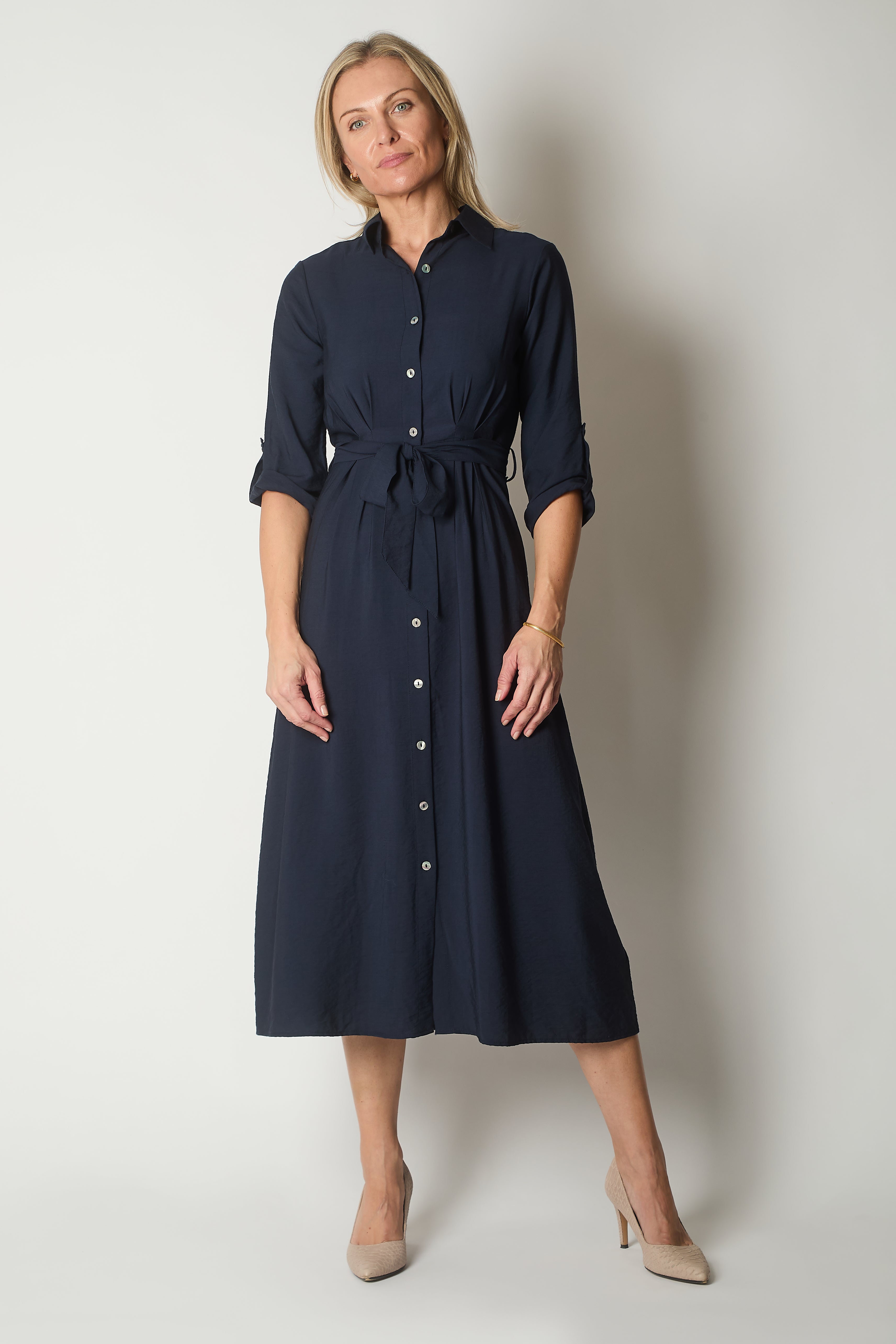 Button-Down Shirt Dress with Waist Tie - Navy