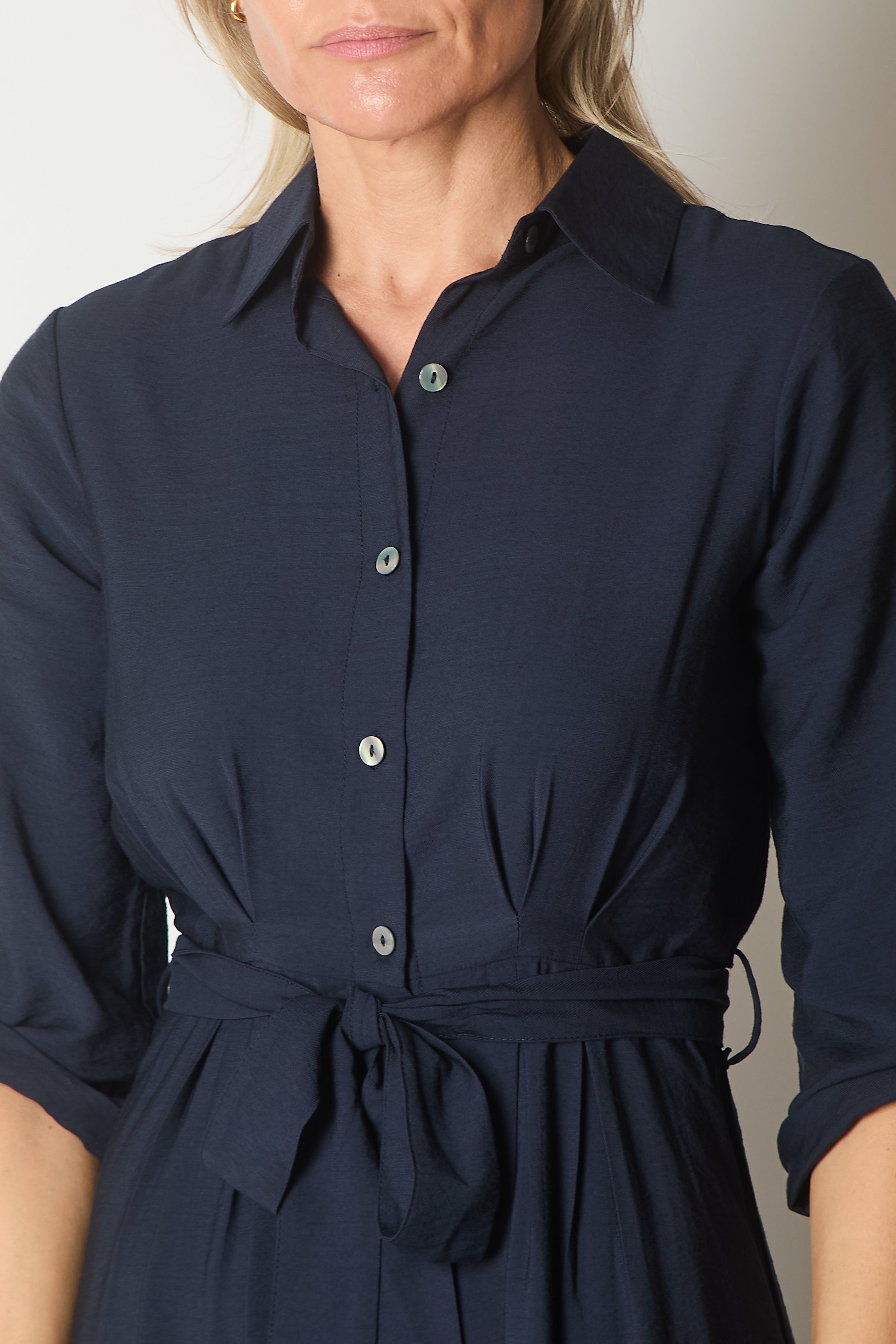 Button-Down Shirt Dress with Waist Tie - Navy