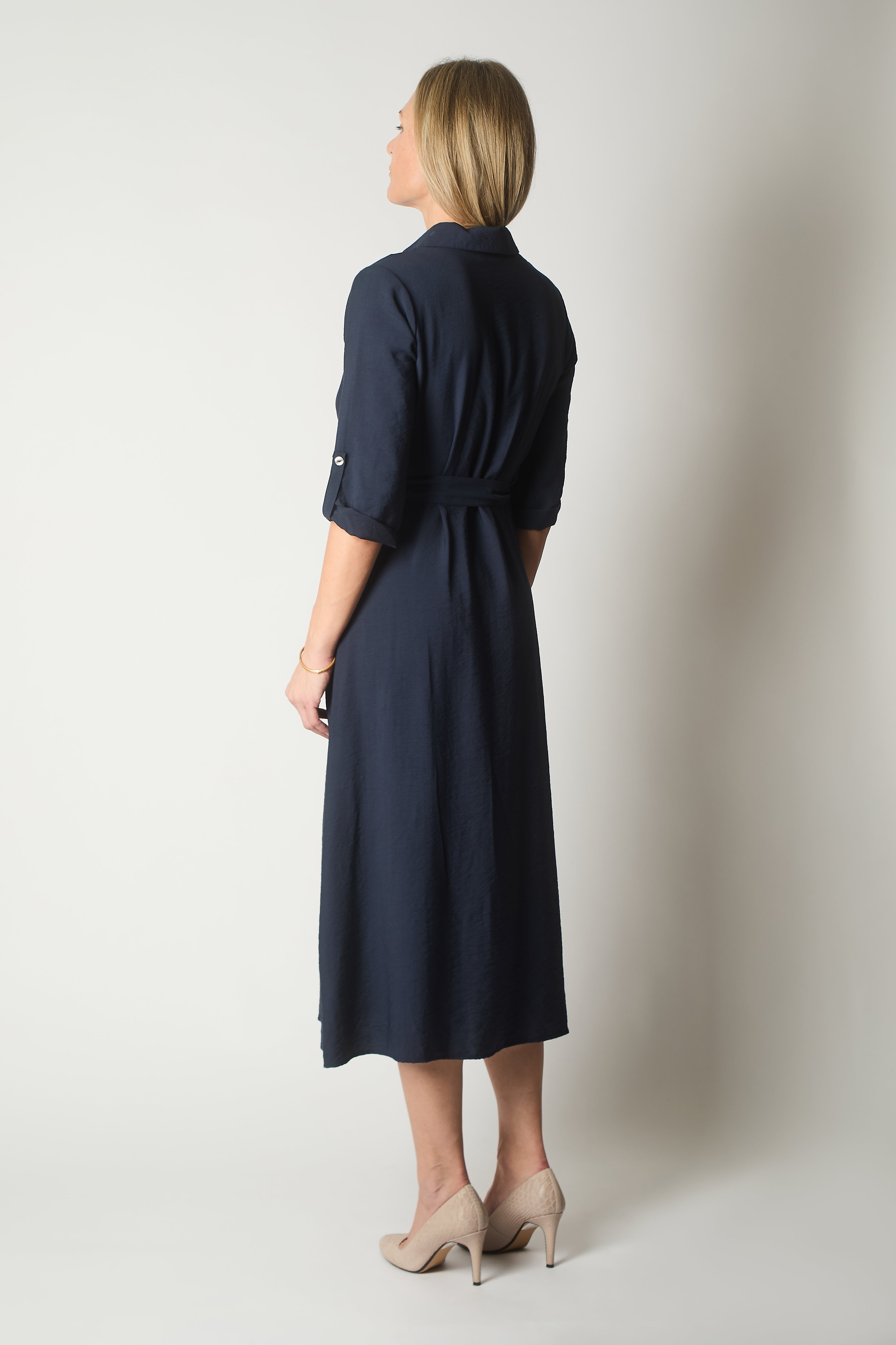 Button-Down Shirt Dress with Waist Tie - Navy