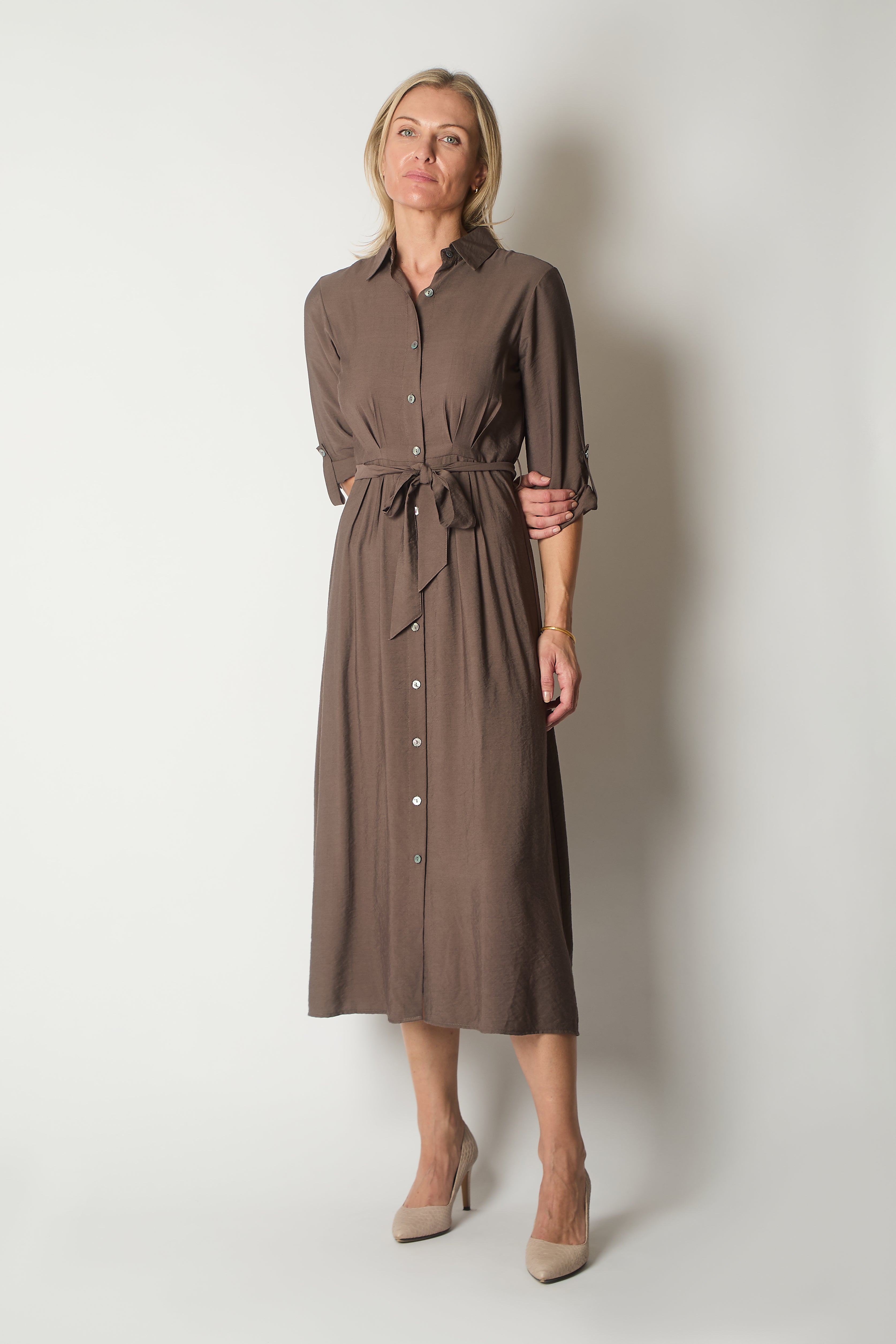 Button-Down Shirt Dress with Waist Tie - Coffee