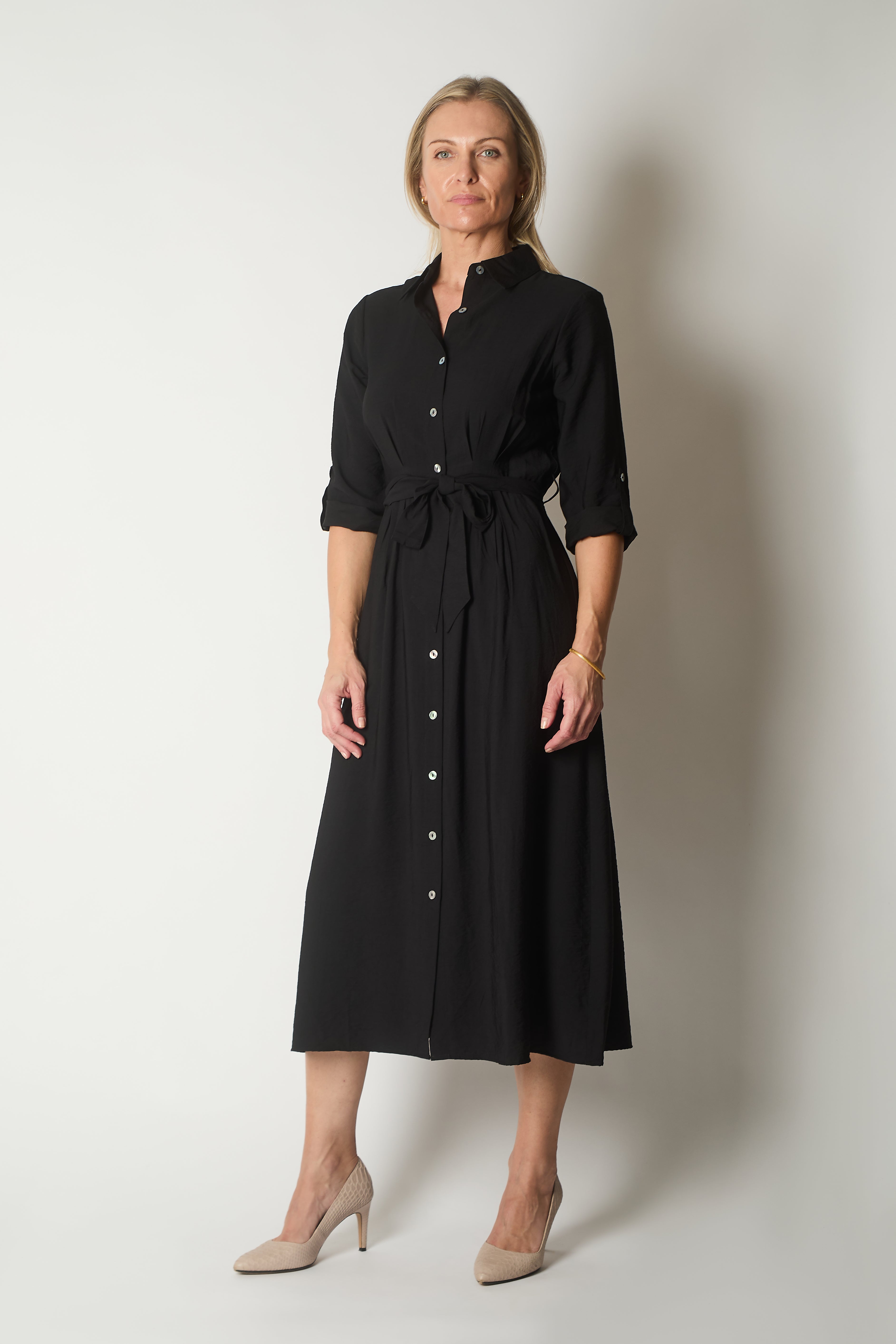 Button-Down Shirt Dress with Waist Tie - Black
